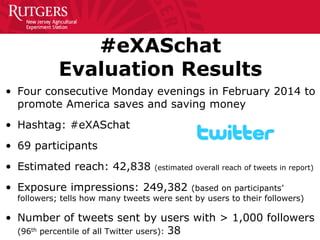 #eXASchat Evaluation Results 
• 
Four consecutive Monday evenings in February 2014 to promote America saves and saving money 
• 
Hashtag: #eXASchat 
• 
69 participants 
• 
Estimated reach: 42,838 (estimated overall reach of tweets in report) 
• 
Exposure impressions: 249,382 (based on participants’ followers; tells how many tweets were sent by users to their followers) 
• 
Number of tweets sent by users with > 1,000 followers (96th percentile of all Twitter users): 38  