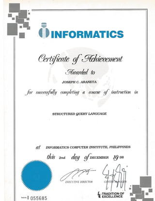 Informatics Certificate of Acheivement for Structured Query Lan