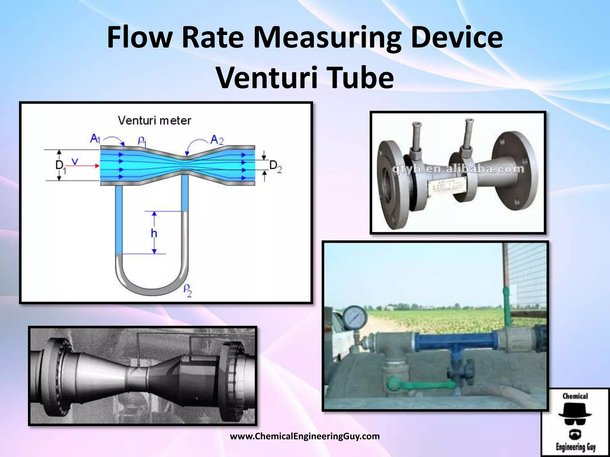 Flow Rate Measuring Device
Venturi Tube
www.ChemicalEngineeringGuy.com
 