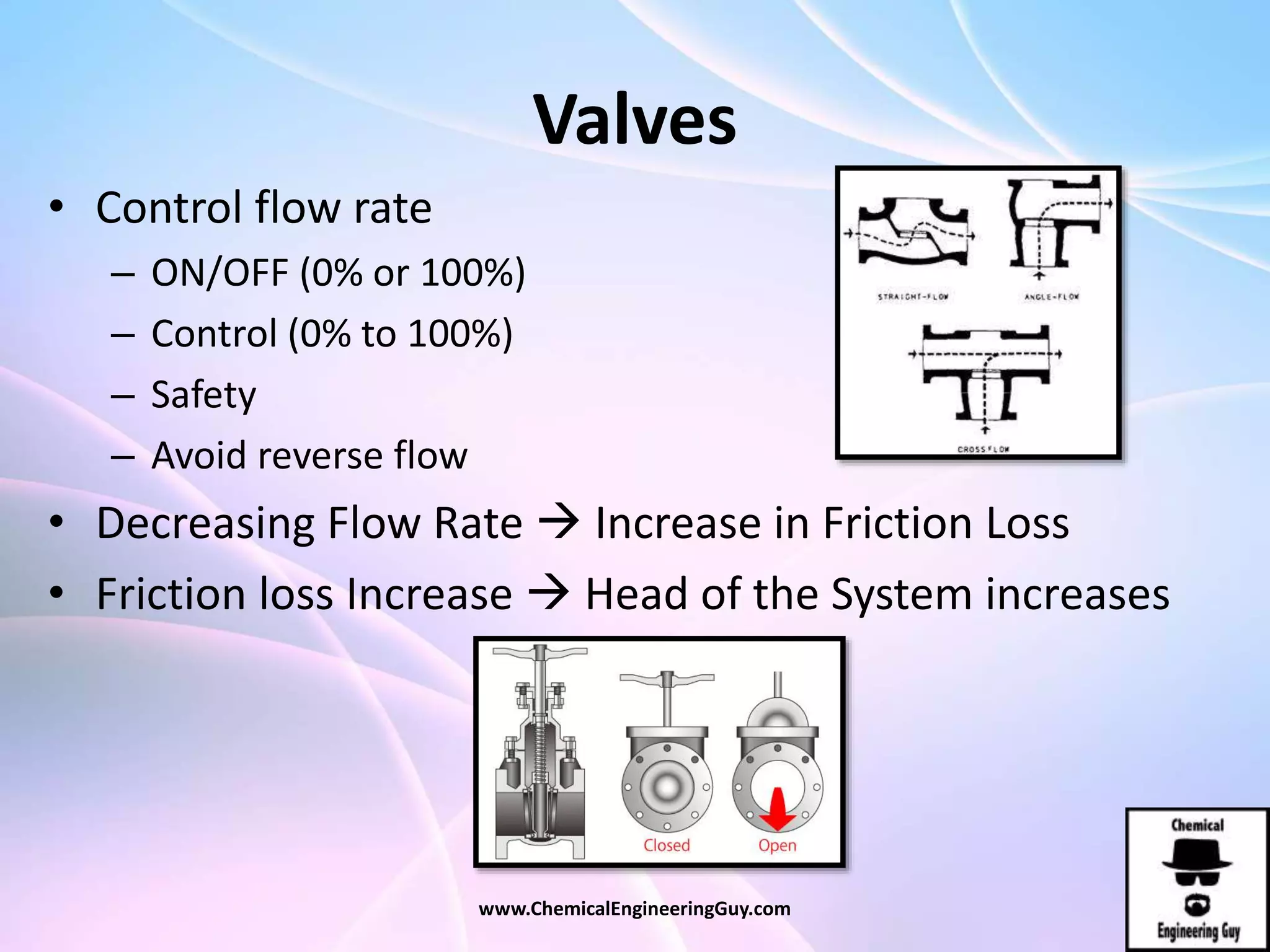 Valves
• Control flow rate
– ON/OFF (0% or 100%)
– Control (0% to 100%)
– Safety
– Avoid reverse flow
• Decreasing Flow Rate  Increase in Friction Loss
• Friction loss Increase  Head of the System increases
www.ChemicalEngineeringGuy.com
 