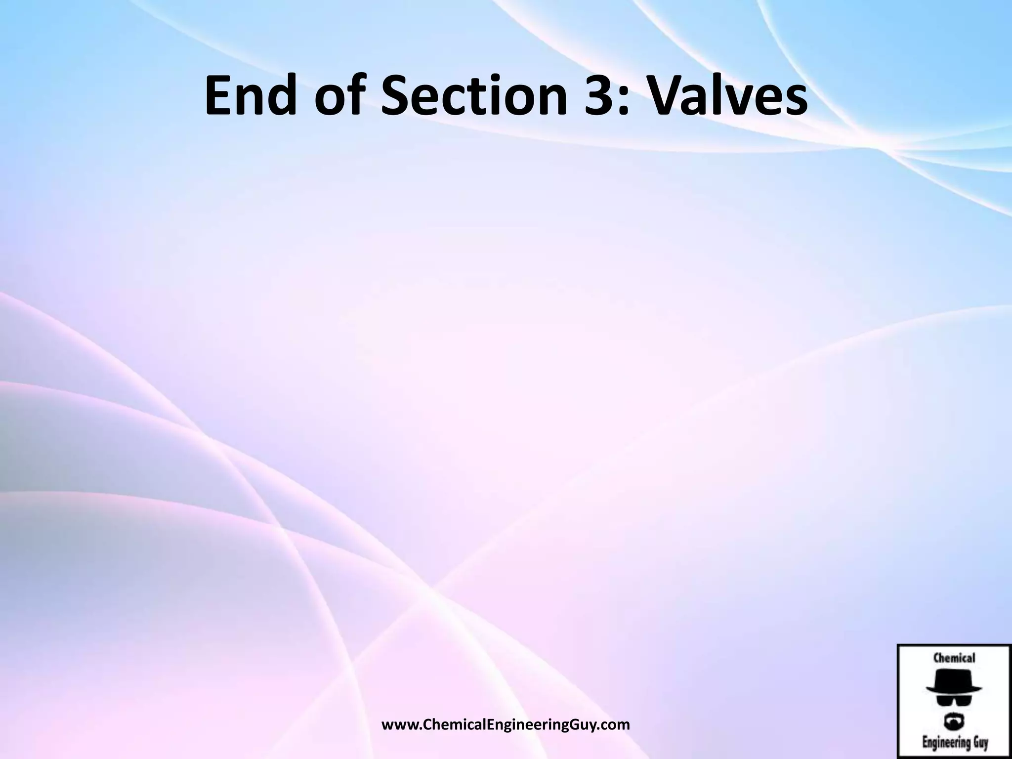 End of Section 3: Valves
www.ChemicalEngineeringGuy.com
 
