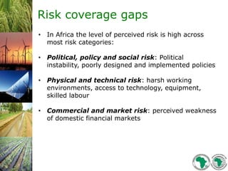 Risk coverage gaps
• In Africa the level of perceived risk is high across
most risk categories:
• Political, policy and social risk: Political
instability, poorly designed and implemented policies
• Physical and technical risk: harsh working
environments, access to technology, equipment,
skilled labour
• Commercial and market risk: perceived weakness
of domestic financial markets
 