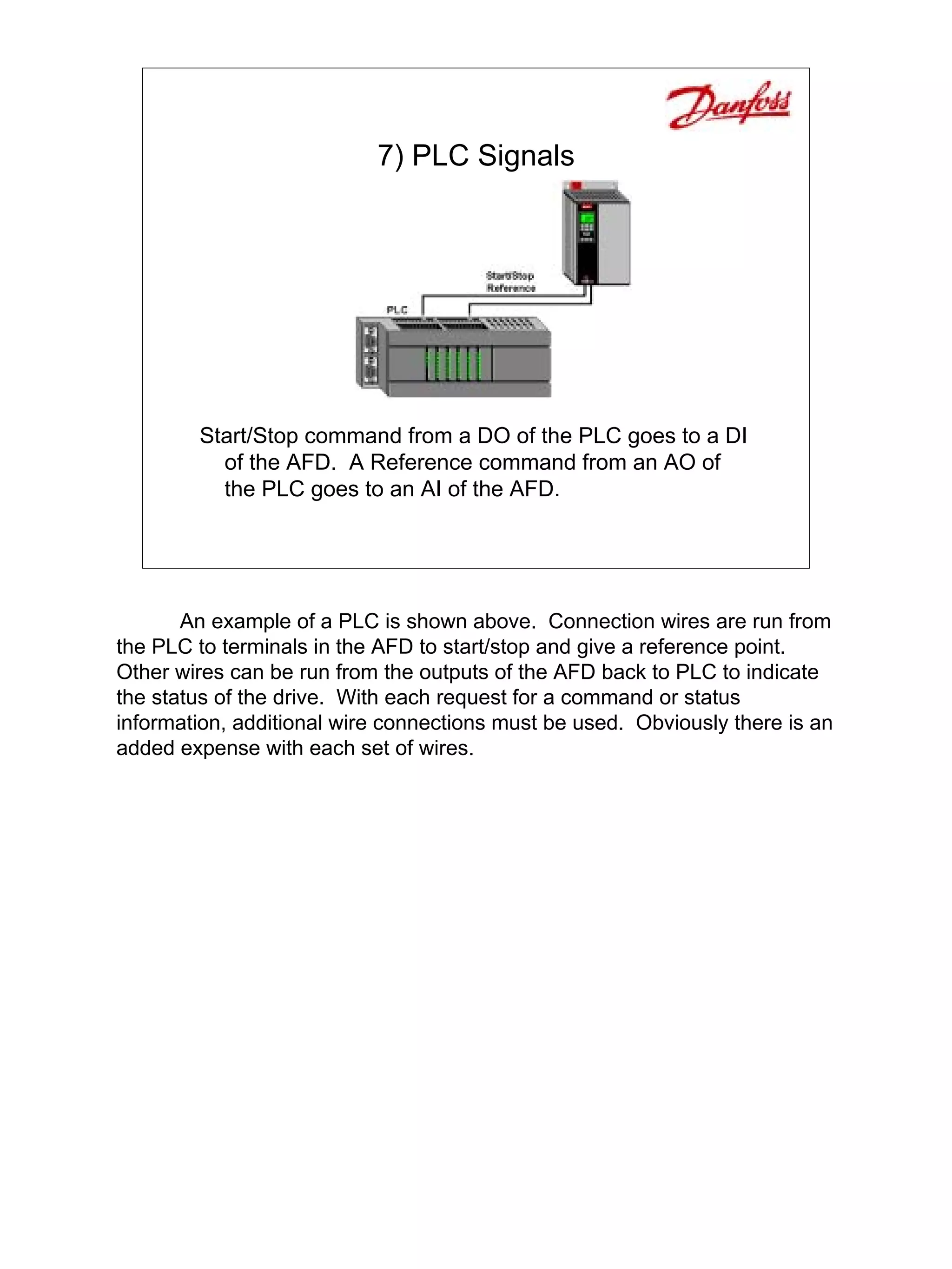 7) PLC Signals




        Start/Stop command from a DO of the PLC goes to a DI
          of the AFD. A Reference command from an AO of
          the PLC goes to an AI of the AFD.




       An example of a PLC is shown above. Connection wires are run from
the PLC to terminals in the AFD to start/stop and give a reference point.
Other wires can be run from the outputs of the AFD back to PLC to indicate
the status of the drive. With each request for a command or status
information, additional wire connections must be used. Obviously there is an
added expense with each set of wires.
 