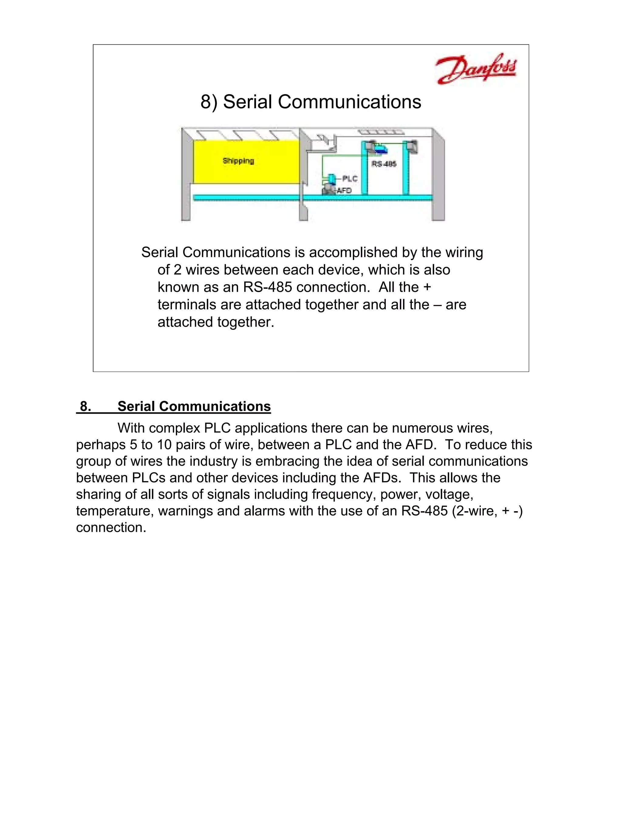 8) Serial Communications




          Serial Communications is accomplished by the wiring
            of 2 wires between each device, which is also
            known as an RS-485 connection. All the +
            terminals are attached together and all the – are
            attached together.




8.    Serial Communications
       With complex PLC applications there can be numerous wires,
perhaps 5 to 10 pairs of wire, between a PLC and the AFD. To reduce this
group of wires the industry is embracing the idea of serial communications
between PLCs and other devices including the AFDs. This allows the
sharing of all sorts of signals including frequency, power, voltage,
temperature, warnings and alarms with the use of an RS-485 (2-wire, + -)
connection.
 