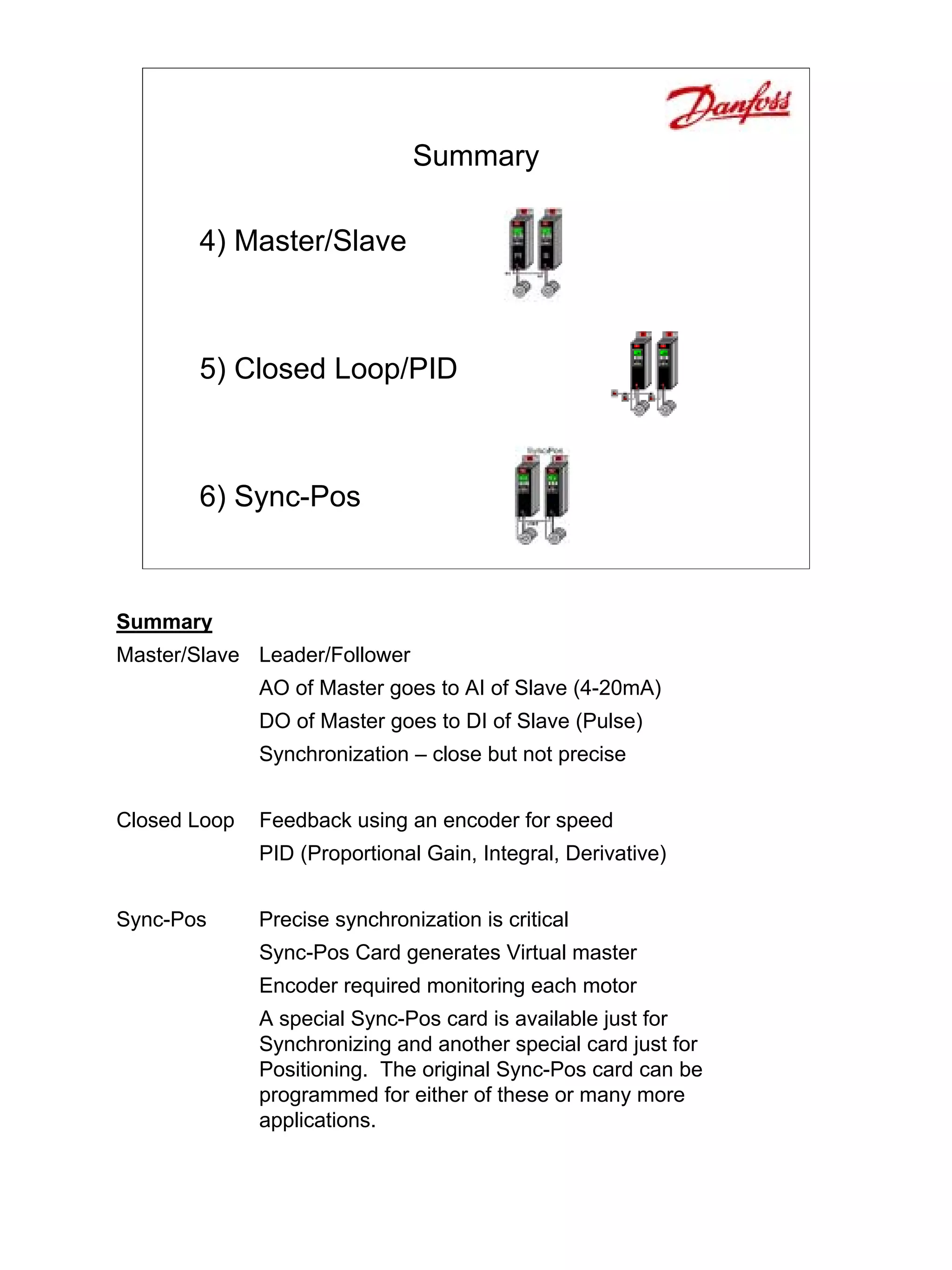 Summary

       4) Master/Slave



       5) Closed Loop/PID



       6) Sync-Pos



Summary
Master/Slave Leader/Follower
              AO of Master goes to AI of Slave (4-20mA)
              DO of Master goes to DI of Slave (Pulse)
              Synchronization – close but not precise


Closed Loop   Feedback using an encoder for speed
              PID (Proportional Gain, Integral, Derivative)


Sync-Pos      Precise synchronization is critical
              Sync-Pos Card generates Virtual master
              Encoder required monitoring each motor
              A special Sync-Pos card is available just for
              Synchronizing and another special card just for
              Positioning. The original Sync-Pos card can be
              programmed for either of these or many more
              applications.
 