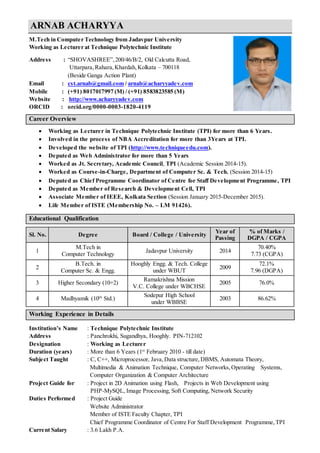 ARNAB ACHARYYA
M.Tech in Computer Technology from Jadavpur University
Working as Lecturer at Technique Polytechnic Institute
Address : “SHOVASHREE”,200/46/B/2, Old Calcutta Road,
Uttarpara,Rahara,Khardah, Kolkata – 700118
(Beside Ganga Action Plant)
Email : cst.arnab@gmail.com / arnab@acharyyadev.com
Mobile : (+91) 8017017997 (M) / (+91) 8583823585 (M)
Website : http://www.acharyyadev.com
ORCID : orcid.org/0000-0003-1820-4119
Career Overview
 Working as Lecturer in Technique Polytechnic Institute (TPI) for more than 6 Years.
 Involved in the process of NBA Accreditation for more than 3Years at TPI.
 Developed the website of TPI (http://www.techniqueedu.com).
 Deputed as Web Administrator for more than 5 Years
 Worked as Jt. Secretary, Academic Council, TPI (Academic Session 2014-15).
 Worked as Course-in-Charge, Department of Computer Sc. & Tech. (Session 2014-15)
 Deputed as Chief Programme Coordinator of Centre for Staff Development Programme, TPI
 Deputed as Member of Research & Development Cell, TPI
 Associate Member of IEEE, Kolkata Section (Session January 2015-December 2015).
 Life Member of ISTE (Membership No. – LM 91426).
Educational Qualification
Sl. No. Degree Board / College / University
Year of
Passing
% of Marks /
DGPA / CGPA
1
M.Tech in
Computer Technology
Jadavpur University 2014
70.40%
7.73 (CGPA)
2
B.Tech. in
Computer Sc. & Engg.
Hooghly Engg. & Tech. College
under WBUT
2009
72.1%
7.96 (DGPA)
3 Higher Secondary (10+2)
Ramakrishna Mission
V.C. College under WBCHSE
2005 76.0%
4 Madhyamik (10th
Std.)
Sodepur High School
under WBBSE
2003 86.62%
Working Experience in Details
Institution’s Name : Technique Polytechnic Institute
Address : Panchrokhi, Sugandhya, Hooghly. PIN-712102
Designation : Working as Lecturer
Duration (years) : More than 6 Years (1st
February 2010 - till date)
Subject Taught : C, C++, Microprocessor, Java,Data structure,DBMS, Automata Theory,
Multimedia & Animation Technique, Computer Networks, Operating Systems,
Computer Organization & Computer Architecture
Project Guide for : Project in 2D Animation using Flash, Projects in Web Development using
PHP-MySQL, Image Processing, Soft Computing, Network Security
Duties Performed : Project Guide
Website Administrator
Member of ISTE Faculty Chapter, TPI
Chief Programme Coordinator of Centre For Staff Development Programme,TPI
Current Salary : 3.6 Lakh P.A.
 