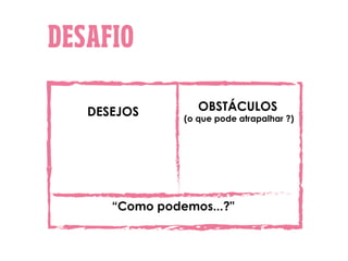 DESEJOS
“Como podemos...?"
OBSTÁCULOS
(o que pode atrapalhar ?)
 