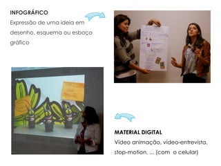 INFOGRÁFICO
Expressão de uma ideia em
desenho, esquema ou esboço
gráfico
MATERIAL DIGITAL
Vídeo animação, vídeo-entrevista,
stop-motion, ... (com o celular)
 