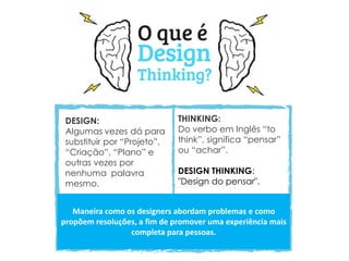 Maneira como os designers abordam problemas e como
propõem resoluções, a fim de promover uma experiência mais
completa para pessoas.
DESIGN:
Algumas vezes dá para
substituir por “Projeto”,
“Criação”, “Plano” e
outras vezes por
nenhuma palavra
mesmo.
THINKING:
Do verbo em Inglês “to
think”, significa “pensar”
ou “achar”.
DESIGN THINKING:
"Design do pensar".
 