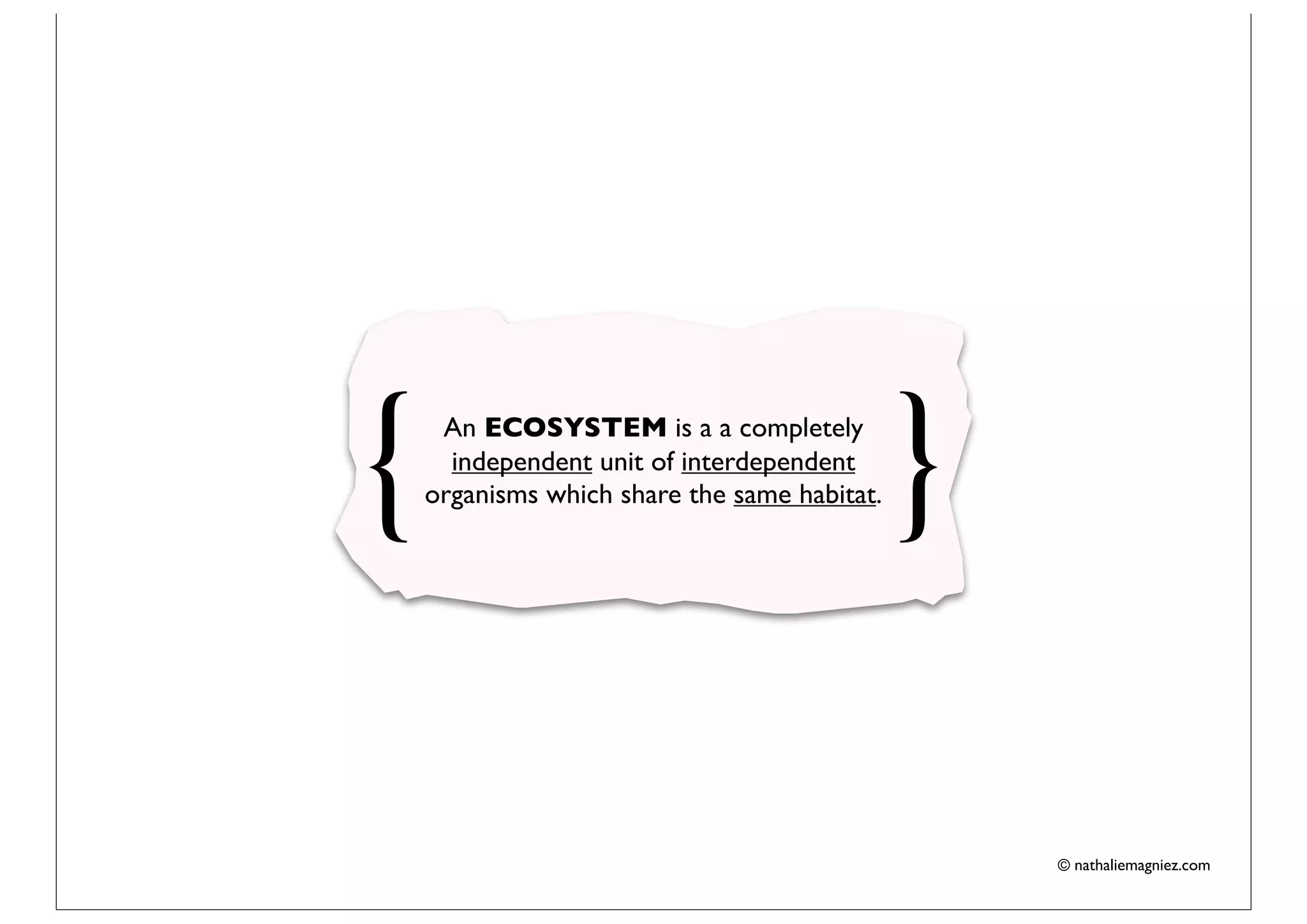 {    An ECOSYSTEM is a a completely
      independent unit of interdependent
    organisms which share the same habitat.   }

                                                  © nathaliemagniez.com
 