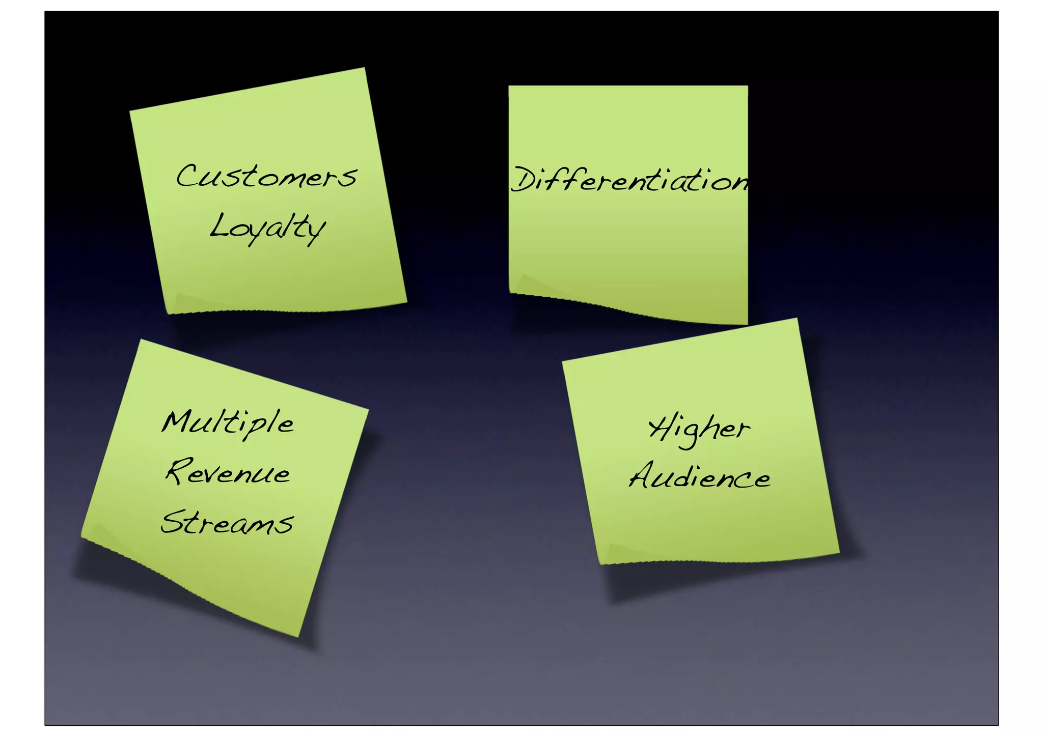 Customers   Differentiation
 Loyalty




Multiple            Higher
Revenue            Audience
Streams
 