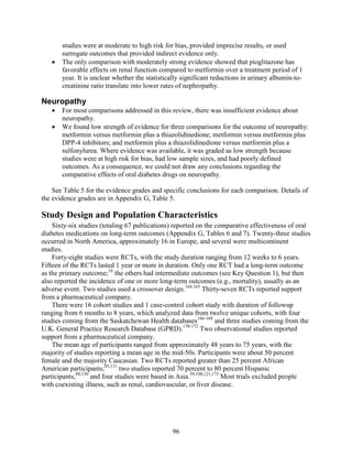 studies were at moderate to high risk for bias, provided imprecise results, or used
surrogate outcomes that provided indirect evidence only.
• The only comparison with moderately strong evidence showed that pioglitazone has
favorable effects on renal function compared to metformin over a treatment period of 1
year. It is unclear whether the statistically significant reductions in urinary albumin-to-
creatinine ratio translate into lower rates of nephropathy.
Neuropathy
• For most comparisons addressed in this review, there was insufficient evidence about
neuropathy.
• We found low strength of evidence for three comparisons for the outcome of neuropathy:
metformin versus metformin plus a thiazolidinedione; metformin versus metformin plus
DPP-4 inhibitors; and metformin plus a thiazolidinedione versus metformin plus a
sulfonylurea. Where evidence was available, it was graded as low strength because
studies were at high risk for bias, had low sample sizes, and had poorly defined
outcomes. As a consequence, we could not draw any conclusions regarding the
comparative effects of oral diabetes drugs on neuropathy.
See Table 5 for the evidence grades and specific conclusions for each comparison. Details of
the evidence grades are in Appendix G, Table 5.
Study Design and Population Characteristics
Sixty-six studies (totaling 67 publications) reported on the comparative effectiveness of oral
diabetes medications on long-term outcomes (Appendix G, Tables 6 and 7). Twenty-three studies
occurred in North America, approximately 16 in Europe, and several were multicontinent
studies.
Forty-eight studies were RCTs, with the study duration ranging from 12 weeks to 6 years.
Fifteen of the RCTs lasted 1 year or more in duration. Only one RCT had a long-term outcome
as the primary outcome;16
the others had intermediate outcomes (see Key Question 1), but then
also reported the incidence of one or more long-term outcomes (e.g., mortality), usually as an
adverse event. Two studies used a crossover design.164,165
Thirty-seven RCTs reported support
from a pharmaceutical company.
There were 16 cohort studies and 1 case-control cohort study with duration of followup
ranging from 6 months to 8 years, which analyzed data from twelve unique cohorts, with four
studies coming from the Saskatchewan Health databases166-169
and three studies coming from the
U.K. General Practice Research Database (GPRD).170-172
Two observational studies reported
support from a pharmaceutical company.
The mean age of participants ranged from approximately 48 years to 75 years, with the
majority of studies reporting a mean age in the mid-50s. Participants were about 50 percent
female and the majority Caucasian. Two RCTs reported greater than 25 percent African
American participants;85,131
two studies reported 70 percent to 80 percent Hispanic
participants;88,130
and four studies were based in Asia.59,108,121,173
Most trials excluded people
with coexisting illness, such as renal, cardiovascular, or liver disease.
96
 