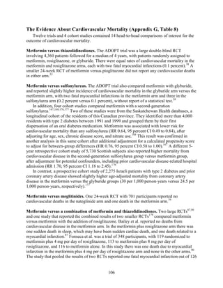 The Evidence About Cardiovascular Mortality (Appendix G, Table 8)
Twelve trials and 4 cohort studies contained 14 head-to-head comparisons of interest for the
outcome of cardiovascular mortality.
Metformin versus thiazolidinediones. The ADOPT trial was a large double-blind RCT
involving 4,360 patients followed for a median of 4 years, with patients randomly assigned to
metformin, rosiglitazone, or glyburide. There were equal rates of cardiovascular mortality in the
metformin and rosiglitazone arms, each with two fatal myocardial infarctions (0.1 percent).38
A
smaller 24-week RCT of metformin versus pioglitazone did not report any cardiovascular deaths
in either arm.53
Metformin versus sulfonylureas. The ADOPT trial also compared metformin with glyburide,
and reported slightly higher incidence of cardiovascular mortality in the glyburide arm versus the
metformin arm, with two fatal myocardial infarctions in the metformin arm and three in the
sulfonylurea arm (0.2 percent versus 0.1 percent), without report of a statistical test.38
In addition, four cohort studies compared metformin with a second-generation
sulfonylurea.167,168,176,177
Two of these studies were from the Saskatchewan Health databases, a
longitudinal cohort of the residents of this Canadian province. They identified more than 4,000
residents with type 2 diabetes between 1991 and 1999 and grouped them by their first
dispensation of an oral diabetes medication. Metformin was associated with lower risk for
cardiovascular mortality than any sulfonylurea (HR 0.64, 95 percent CI 0.49 to 0.84), after
adjusting for age, sex, chronic disease score, and nitrate use.168
This result was confirmed in
another analysis in this same cohort after additional adjustment for a calculated propensity score
to adjust for between-group differences (HR 0.76, 95 percent CI 0.58 to 1.00).167
A different 5-
year retrospective cohort study of 5,730 Scottish subjects also reported higher mortality from
cardiovascular disease in the second-generation sulfonylurea group versus metformin group,
after adjustment for potential confounders, including prior cardiovascular disease-related hospital
admission (RR 1.70, 95 percent CI 1.18 to 2.45).176
In contrast, a prospective cohort study of 2,275 Israeli patients with type 2 diabetes and prior
coronary artery disease showed slightly higher age-adjusted mortality from coronary artery
disease in the metformin versus the glyburide groups (30 per 1,000 person-years versus 24.5 per
1,000 person-years, respectively).177
Metformin versus meglitinides. One 24-week RCT with 701 participants reported no
cardiovascular deaths in the nateglinide arm and one death in the metformin arm.79
Metformin versus a combination of metformin and thiazolidinediones. Two large RCTs87,90
and one study that reported the combined results of two smaller RCTs179
compared metformin
versus metformin with the addition of rosiglitazone. Bailey et al. reported no deaths from
cardiovascular disease in the metformin arm. In the metformin plus rosiglitazone arm there was
one sudden death in sleep, which may have been sudden cardiac death, and one death related to a
myocardial infarction.87
Fonseca et al. was a trial of 348 participants, with 119 randomized to
metformin plus 4 mg per day of rosiglitazone, 113 to metformin plus 8 mg per day of
rosiglitazone, and 116 to metformin alone. In this study there was one death due to myocardial
infarction in the metformin plus 4 mg per day of rosiglitazone arm and none in the other arms.90
The study that pooled the results of two RCTs reported one fatal myocardial infarction out of 126
106
 