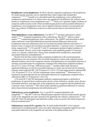 Rosiglitazone versus pioglitazone. No RCTs directly compared rosiglitazone with pioglitazone
for cardiovascular outcomes, but we identified three cohort studies that included this
comparison.171,173,174
Tzoulaki et al. (described under the rosiglitazone versus sulfonylurea
comparison) and Pantalone et al. did not show any significant risk difference for ischemic heart
disease in rosiglitazone versus pioglitazone users.171,174
Hsaio et al. reported a higher incidence of
composite cardiovascular events (which included angina pectoris and myocardial infarction) in
rosiglitazone versus pioglitazone users, but no adjusted statistical analyses was presented and
there was evidence of differences in previous cardiovascular disease rates between the two
groups.173
Thiazolidinediones versus sulfonylureas. Two RCTs38,149
and three retrospective cohort
studies173,181,182
compared rosiglitazone with a sulfonylurea. One RCT101
and two cohort
studies173,174
compared pioglitazone with a sulfonylurea. The ADOPT trial (described in detail
under metformin versus thiazolidinedione) reported minimal differences between the
rosiglitazone arms and sulfonylurea arms for non-fatal myocardial infarction and stroke (1.7
percent versus 1.0 percent for non-fatal myocardial infarction, 1.3 percent versus 1.2 percent for
stroke, respectively).38
A 52-week RCT with 351 participants reported a higher incidence of
“cardiac-related” adverse events in the rosiglitazone versus glyburide groups (15.4 percent
versus 12.1 percent, respectively). These events included mitral insufficiency, tachycardia,
myocardial infarction, and palpitations.149
Results from the three cohort studies comparing rosiglitazone with second-generation
sulfonylureas were not consistent. One 36-month retrospective cohort study reported a lower
adjusted incidence rate for the composite outcome of hospitalization for myocardial infarction or
coronary revascularization for rosiglitazone compared with sulfonylureas (adjusted incidence
rate of 15.71 versus 19.55 per 1,000 person-years).181
Another cohort study showed no
significant differences in risk for myocardial infarction or stroke, but elevated risk for transient
ischemic attack (adjusted HR 1.90, 95 percent CI 1.02 to 3.57) and angina pectoris (adjusted HR
1.45, 95 percent CI 1.15 to 1.85) for rosiglitazone versus sulfonylurea.173
Brownstein et al.
reported an elevated adjusted risk for myocardial infarction for rosiglitazone compared with a
sulfonylurea (RR 1.4, 95 percent CI 1.0 to 2.0).
A 56-week RCT with 502 participants randomly assigned participants to glyburide or
pioglitazone. It reported fewer cardiovascular adverse events, defined as coronary artery disease,
myocardial infarction, and chest pain, in the pioglitazone arm compared with the glyburide arm
(1 percent versus 3 percent).101
One cohort study reported no significant difference in coronary
artery disease between pioglitazone and sulfonylurea users.174
Sulfonylureas versus meglitinides. Two 1-year RCTs compared glyburide with
repaglinide.116,117
One RCT with over 500 participants reported 5 percent cardiovascular adverse
events in the repaglinide arm and 2 percent in the glyburide arm without a statistical test.117
The
other RCT had 242 participants and stated that cardiac events occurred with similar frequencies
between treatment arms.116
Sulfonylureas versus GLP-1 agonists. One 24-week double-blind RCT of 411 patients
randomized to oral glibenclamide versus once-daily subcutaneous liraglutide reported one acute
myocardial infarction in the liraglutide arm and none in the glibenclamide arm.121
112
 