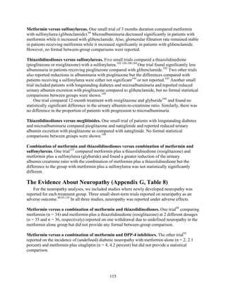 Metformin versus sulfonylureas. One small trial of 3 months duration compared metformin
with sulfonylurea (glibenclamide).66
Microalbuminuria decreased significantly in patients with
metformin while it increased with glibenclamide. Also, glomerular filtration rate remained stable
in patients receiving metformin while it increased significantly in patients with glibenclamide.
However, no formal between-group comparisons were reported.
Thiazolidinediones versus sulfonylureas. Five small trials compared a thiazolidinedione
(pioglitazone or rosiglitazone) with a sulfonylurea.102-104,108,184
One trial found significantly less
albuminuria in patients receiving pioglitazone compared with glibenclamide.102
Two other trials
also reported reductions in albuminuria with pioglitazone but the differences compared with
patients receiving a sulfonylurea were either not significant184
or not reported.103
Another small
trial included patients with longstanding diabetes and microalbuminuria and reported reduced
urinary albumin excretion with pioglitazone compared to glibenclamide, but no formal statistical
comparisons between groups were shown.108
One trial compared 12-month treatment with rosiglitazone and glyburide104
and found no
statistically significant difference in the urinary albumin-to-creatinine ratio. Similarly, there was
no difference in the proportion of patients with progression to microalbuminuria.
Thiazolidinediones versus meglitinides. One small trial of patients with longstanding diabetes
and microalbuminuria compared pioglitazone and nateglinide and reported reduced urinary
albumin excretion with pioglitazone as compared with nateglinide. No formal statistical
comparisons between groups were shown.108
Combination of metformin and thiazolidinediones versus combination of metformin and
sulfonylureas. One trial125
compared metformin plus a thiazolidinedione (rosiglitazone) and
metformin plus a sulfonylurea (glyburide) and found a greater reduction of the urinary
albumin:creatinine ratio with the combination of metformin plus a thiazolidinedione but the
difference to the group with metformin plus a sulfonylurea was not statistically significantly
different.
The Evidence About Neuropathy (Appendix G, Table 8)
For the neuropathy analyses, we included studies where newly developed neuropathy was
reported for each treatment group. Three small short-term trials reported on neuropathy as an
adverse outcome.88,93,129
In all three studies, neuropathy was reported under adverse effects.
Metformin versus a combination of metformin and thiazolidinediones. One trial88
comparing
metformin (n = 34) and metformin plus a thiazolidinedione (rosiglitazone) at 2 different dosages
(n = 35 and n = 36, respectively) reported on one withdrawal due to undefined neuropathy in the
metformin alone group but did not provide any formal between-group comparison.
Metformin versus a combination of metformin and DPP-4 inhibitors. The other trial93
reported on the incidence of (undefined) diabetic neuropathy with metformin alone (n = 2, 2.1
percent) and metformin plus sitagliptin (n = 4, 4.2 percent) but did not provide a statistical
comparison.
115
 