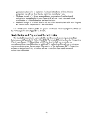 generation sulfonylurea or metformin plus thiazolidinediones if the metformin
component was a lower dose than the metformin monotherapy arm.
• Moderate strength of evidence suggested that a combination of metformin and
sulfonylurea is associated with more frequent GI adverse events compared with a
combination of a thiazolidinedione and a sulfonylurea.
• Moderate strength of evidence showed that metformin was associated with more frequent
GI adverse events compared with DPP-4 inhibitors.
See Table 8 for the evidence grades and specific conclusions for each comparison. Details of
the evidence grades are in Appendix G, Table 9.
Study Design and Population Characteristics
One hundred thirteen studies are included for Key Question 3 describing adverse effects
during treatment (Appendix G, Tables 10 and 11). We included 38 articles from the Comparative
Effectiveness Review (CER) published in 2007 that described adverse events for our
comparisons of interest and identified an additional 74 studies describing adverse events since
completion of that review for this update. The majority of the studies were RCTs. None of the
studies was designed explicitly to evaluate adverse events from these medications and
medication combinations.
120
 