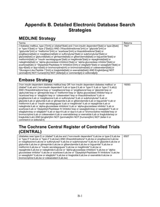 Appendix B. Detailed Electronic Database Search
Strategies
MEDLINE Strategy
Terms Returns
(“diabetes mellitus, type 2”[mh] or (diabet*[tiab] and (“non-insulin dependent”[tiab] or type-2[tiab]
or “type II”[tiab] or “type 2”[tiab]))) AND (“thiazolidinediones”[mh] or “glipizide”[mh] or
“glyburide”[mh] or “metformin”[mh] or “acarbose”[mh] or thiazolidinedione*[tiab] or
pioglitazone[tiab] or rosiglitazone[tiab] or sulfonylurea*[tiab] or sulphonylurea*[tiab] or
glipizide[tiab] or glyburide[tiab] or glimepiride[tiab] or glibenclamide[tiab] or biguanide*[tiab] or
metformin[tiab] or “insulin secretagogues”[tiab] or meglitinide*[tiab] or repaglinide[tiab] or
nateglinide[tiab] or “alpha-glucosidase inhibitors”[tiab] or “alpha-glucosidase inhibitor”[tiab] or
acarbose[tiab] or “Dipeptidyl-Peptidase IV Inhibitors”[mh] or sitagliptin*[tiab] or saxagliptin*[tiab] or
dpp-4[tiab] or dpp-iv[tiab] or bromocriptine[mh] or bromocriptine[tiab] or colesevelam[tiab] or
“Glucagon-Like Peptide 1”[mh] or liraglutide[tiab] or exenatide[tiab]) AND English[lang] NOT
(animal[mh] NOT human[mh]) NOT (letter[pt] or comment[pt] or editorial[pt])
7927
Embase Strategy
('non insulin dependent diabetes mellitus'/exp OR 'non insulin dependent diabetes mellitus' or
(diabet*:ti,ab and (‘non-insulin dependent’:ti,ab or type-2:ti,ab or ‘type II’:ti,ab or ‘type 2’:ti,ab)))
AND ('thiazolidinedione'/exp or 'rosiglitazone'/exp or 'pioglitazone'/exp or 'glipizide'/exp or
'glyburide'/exp or ‘glimepiride’/exp or 'metformin'/exp or 'alpha glucosidase inhibitor'/exp or
'acarbose'/exp or ‘sitagliptin’/exp or ‘colesevelam”/exp or thiazolidinedione*:ti,ab or
pioglitazone:ti,ab or rosiglitazone:ti,ab or sulfonylurea*:ti,ab or sulphonylurea*:ti,ab or
glipizide:ti,ab or glyburide:ti,ab or glimepiride:ti,ab or glibenclamide:ti,ab or biguanide*:ti,ab or
metformin:ti,ab or ‘insulin secretagogues’:ti,ab or meglitinide*:ti,ab or repaglinide:ti,ab or
nateglinide:ti,ab or ‘alpha-glucosidase inhibitors’:ti,ab or ‘alpha-glucosidase inhibitor’:ti,ab or
acarbose:ti,ab or ‘Dipeptidyl-Peptidase IV Inhibitor’/exp or saxagliptin/exp or saxagliptin*:ti,ab or
sitagliptin/exp or sitagliptin*:ti,ab or dpp-4:ti,ab or dpp-iv:ti,ab or 'bromocriptine mesilate'/exp or
bromocriptine:ti,ab or colesevelam:ti,ab or exenatide/exp or exenatide:ti,ab or liraglutide/exp or
liraglutide:ti,ab) AND [english]/lim NOT ([animals]/lim NOT [humans]/lim) NOT (letter:it or
comment:it or editorial:it)
16093
The Cochrane Central Register of Controlled Trials
(CENTRAL)
(diabetes near type-2) or (diabet*:ti,ab,kw and (“non-insulin dependent”:ti,ab,kw or type-2:ti,ab,kw
or “type II”:ti,ab,kw or “type 2”:ti,ab,kw)) AND (thiazolidinedione*:ti,ab,kw or pioglitazone:ti,ab,kw
or rosiglitazone:ti,ab,kw or sulfonylurea*:ti,ab,kw or sulphonylurea*:ti,ab,kw or glipizide:ti,ab,kw or
glyburide:ti,ab,kw or glimepiride:ti,ab,kw or glibenclamide:ti,ab,kw or biguanide*:ti,ab,kw or
metformin:ti,ab,kw or “insulin secretagogues”:ti,ab,kw or meglitinide*:ti,ab,kw or
repaglinide:ti,ab,kw or nateglinide:ti,ab,kw or “alpha-glucosidase inhibitors”:ti,ab,kw or “alpha-
glucosidase inhibitor”:ti,ab,kw or acarbose:ti,ab,kw or “Dipeptidyl-Peptidase IV Inhibitors”:ti,ab,kw
or saxagliptin*:ti,ab,kw or sitagliptin*:ti,ab,kw or liraglutide:ti,ab,kw or exenatide:ti:ab,kw or
bromocriptine:ti,ab,kw or colesevelam:ti,ab,kw)
6507
B-1
 