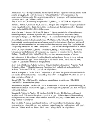 Anonymous. RAS - Rosiglitazone and Atherosclerosis Study: a 1 year randomised, double-blind.
parallel group, placebo controlled study to evaluate the efficacy of rosiglitazone on the
progression of intima-media thickness in the carotid artery in subjects with insulin resistance
syndrome and/or type 2 diabetes mellitus.
Http://Ctr.Gsk.Co.Uk/Summary/Rosiglitazone/IV_049653_334.Pdf 2004. No original data
Anwar A, Azmi KN, Hamidon BB, Khalid BA. An open label comparative study of glimepiride
versus repaglinide in type 2 diabetes mellitus Muslim subjects during the month of Ramadan.
Med J Malaysia 2006; 61(1):28-35. Other reason
Arauz-Pacheco C, Ramirez LC, Rios JM, Raskin P. Hypoglycemia induced by angiotensin-
converting enzyme inhibitors in patients with non-insulin-dependent diabetes receiving
sulfonylurea therapy. Am J Med 1990; 89(6):811-3. Does not meet the study design criteria
Aronoff S, Rosenblatt S, Braithwaite S, Egan JW, Mathisen AL, Schneider RL. Pioglitazone
hydrochloride monotherapy improves glycemic control in the treatment of patients with type 2
diabetes: a 6-month randomized placebo-controlled dose-response study. The Pioglitazone 001
Study Group. Diabetes Care 2000; 23(11):1605-11. Does not have a drug comparison of interest
Asche CV, McAdam-Marx C, Shane-McWhorter L, Sheng X, Plauschinat CA. Association
between oral antidiabetic use, adverse events and outcomes in patients with type 2 diabetes.
Diabetes Obes Metab 2008; 10(8):638-45. Does not have a drug comparison of interest
Ascic-Buturovic B. The effects of combined insulin and metformin therapy in obese patients
with diabetes mellitus type 2 in the early stage of the disease. Bosn J Basic Med Sci 2006;
6(2):54-8. Does not meet the study design criteria
Avery MA, Chittiboyina A, Patny A. Novel Tricyclic (alpha)-Alkoxyphenyl Propanoic Acid
Derivatives: Dual PPAR(alpha)/(gamma) Agonists with Hypolipidemic and Antidiabetic
Activity. Chemtracts 2003; 16(11):653-9. No original data
Baba S, Nakagawa S, Takebe K et al. Comparison of gliclazide and glibenclamide treatment in
non-insulin-dependent diabetes. Tohoku J Exp Med 1983; 141 Suppl:693-706. Does not have a
drug comparison of interest
Babich MM, Pike I, Shiffman ML. Metformin-induced acute hepatitis. Am J Med 1998;
104(5):490-2. No comparison group
Bachmann W, Sieger C, Haslbeck M, Lotz N. Combination of insulin and glibenclamide (gl) in
the treatment of adult-onset diabetes (type 2). Diabetologia 1981; 21(3):21. Less than 40 subjects
with type 2 diabetes
Bahadori B, Trinker M, Wallner SJ, Yazdani-Biuki B, Wascher TC. Diabetes mellitus and
weight control: Differences of respiratory quotient in type 2 diabetic obese subjects receiving
sulfonylureas and non-diabetic obese controls. Nutrition 2003; 19(2):159-60. Does not have a
drug comparison of interest
Bain SC, Stella P, Cao A. Significantly reduced body mass index with liraglutide 1.2 mg
treatment versus glimepiride may have an impact on cardiovascular risk in patients with type 2
diabetes. Diabetic Medicine: Diabet. Med. 2010; 27(Suppl 1):79. No original data
F-5
 