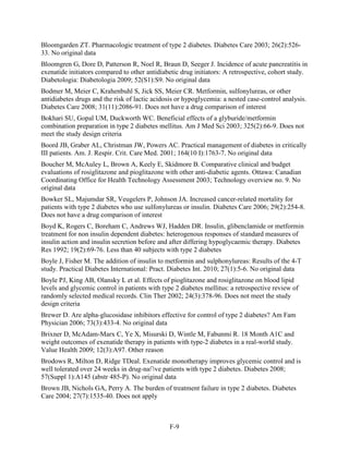 Bloomgarden ZT. Pharmacologic treatment of type 2 diabetes. Diabetes Care 2003; 26(2):526-
33. No original data
Bloomgren G, Dore D, Patterson R, Noel R, Braun D, Seeger J. Incidence of acute pancreatitis in
exenatide initiators compared to other antidiabetic drug initiators: A retrospective, cohort study.
Diabetologia: Diabetologia 2009; 52(S1):S9. No original data
Bodmer M, Meier C, Krahenbuhl S, Jick SS, Meier CR. Metformin, sulfonylureas, or other
antidiabetes drugs and the risk of lactic acidosis or hypoglycemia: a nested case-control analysis.
Diabetes Care 2008; 31(11):2086-91. Does not have a drug comparison of interest
Bokhari SU, Gopal UM, Duckworth WC. Beneficial effects of a glyburide/metformin
combination preparation in type 2 diabetes mellitus. Am J Med Sci 2003; 325(2):66-9. Does not
meet the study design criteria
Boord JB, Graber AL, Christman JW, Powers AC. Practical management of diabetes in critically
III patients. Am. J. Respir. Crit. Care Med. 2001; 164(10 I):1763-7. No original data
Boucher M, McAuley L, Brown A, Keely E, Skidmore B. Comparative clinical and budget
evaluations of rosiglitazone and pioglitazone with other anti-diabetic agents. Ottawa: Canadian
Coordinating Office for Health Technology Assessment 2003; Technology overview no. 9. No
original data
Bowker SL, Majumdar SR, Veugelers P, Johnson JA. Increased cancer-related mortality for
patients with type 2 diabetes who use sulfonylureas or insulin. Diabetes Care 2006; 29(2):254-8.
Does not have a drug comparison of interest
Boyd K, Rogers C, Boreham C, Andrews WJ, Hadden DR. Insulin, glibenclamide or metformin
treatment for non insulin dependent diabetes: heterogenous responses of standard measures of
insulin action and insulin secretion before and after differing hypoglycaemic therapy. Diabetes
Res 1992; 19(2):69-76. Less than 40 subjects with type 2 diabetes
Boyle J, Fisher M. The addition of insulin to metformin and sulphonylureas: Results of the 4-T
study. Practical Diabetes International: Pract. Diabetes Int. 2010; 27(1):5-6. No original data
Boyle PJ, King AB, Olansky L et al. Effects of pioglitazone and rosiglitazone on blood lipid
levels and glycemic control in patients with type 2 diabetes mellitus: a retrospective review of
randomly selected medical records. Clin Ther 2002; 24(3):378-96. Does not meet the study
design criteria
Brewer D. Are alpha-glucosidase inhibitors effective for control of type 2 diabetes? Am Fam
Physician 2006; 73(3):433-4. No original data
Brixner D, McAdam-Marx C, Ye X, Misurski D, Wintle M, Fabunmi R. 18 Month A1C and
weight outcomes of exenatide therapy in patients with type-2 diabetes in a real-world study.
Value Health 2009; 12(3):A97. Other reason
Brodows R, Milton D, Ridge TDeal. Exenatide monotherapy improves glycemic control and is
well tolerated over 24 weeks in drug-na∩ve patients with type 2 diabetes. Diabetes 2008;
57(Suppl 1):A145 (abstr 485-P). No original data
Brown JB, Nichols GA, Perry A. The burden of treatment failure in type 2 diabetes. Diabetes
Care 2004; 27(7):1535-40. Does not apply
F-9
 