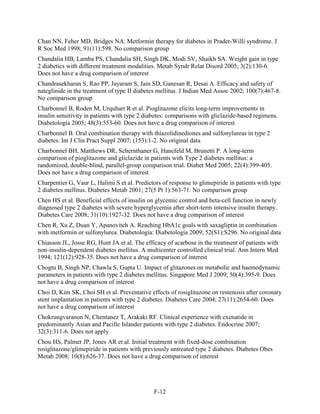 Chan NN, Feher MD, Bridges NA. Metformin therapy for diabetes in Prader-Willi syndrome. J
R Soc Med 1998; 91(11):598. No comparison group
Chandalia HB, Lamba PS, Chandalia SH, Singh DK, Modi SV, Shaikh SA. Weight gain in type
2 diabetics with different treatment modalities. Metab Syndr Relat Disord 2005; 3(2):130-6.
Does not have a drug comparison of interest
Chandrasekharan S, Rao PP, Jayaram S, Jain SD, Ganesan R, Desai A. Efficacy and safety of
nateglinide in the treatment of type II diabetes mellitus. J Indian Med Assoc 2002; 100(7):467-8.
No comparison group
Charbonnel B, Roden M, Urquhart R et al. Pioglitazone elicits long-term improvements in
insulin sensitivity in patients with type 2 diabetes: comparisons with gliclazide-based regimens.
Diabetologia 2005; 48(3):553-60. Does not have a drug comparison of interest
Charbonnel B. Oral combination therapy with thiazolidinediones and sulfonylureas in type 2
diabetes. Int J Clin Pract Suppl 2007; (153):1-2. No original data
Charbonnel BH, Matthews DR, Schernthaner G, Hanefeld M, Brunetti P. A long-term
comparison of pioglitazone and gliclazide in patients with Type 2 diabetes mellitus: a
randomized, double-blind, parallel-group comparison trial. Diabet Med 2005; 22(4):399-405.
Does not have a drug comparison of interest
Charpentier G, Vaur L, Halimi S et al. Predictors of response to glimepiride in patients with type
2 diabetes mellitus. Diabetes Metab 2001; 27(5 Pt 1):563-71. No comparison group
Chen HS et al. Beneficial effects of insulin on glycemic control and beta-cell function in newly
diagnosed type 2 diabetes with severe hyperglycemia after short-term intensive insulin therapy.
Diabetes Care 2008; 31(10):1927-32. Does not have a drug comparison of interest
Chen R, Xu Z, Duan Y, Apanovitch A. Reaching HbA1c goals with saxagliptin in combination
with metformin or sulfonylurea. Diabetologia: Diabetologia 2009; 52(S1):S296. No original data
Chiasson JL, Josse RG, Hunt JA et al. The efficacy of acarbose in the treatment of patients with
non-insulin-dependent diabetes mellitus. A multicenter controlled clinical trial. Ann Intern Med
1994; 121(12):928-35. Does not have a drug comparison of interest
Chogtu B, Singh NP, Chawla S, Gupta U. Impact of glitazones on metabolic and haemodynamic
parameters in patients with type 2 diabetes mellitus. Singapore Med J 2009; 50(4):395-9. Does
not have a drug comparison of interest
Choi D, Kim SK, Choi SH et al. Preventative effects of rosiglitazone on restenosis after coronary
stent implantation in patients with type 2 diabetes. Diabetes Care 2004; 27(11):2654-60. Does
not have a drug comparison of interest
Chokrungvaranon N, Chentanez T, Arakaki RF. Clinical experience with exenatide in
predominantly Asian and Pacific Islander patients with type 2 diabetes. Endocrine 2007;
32(3):311-6. Does not apply
Chou HS, Palmer JP, Jones AR et al. Initial treatment with fixed-dose combination
rosiglitazone/glimepiride in patients with previously untreated type 2 diabetes. Diabetes Obes
Metab 2008; 10(8):626-37. Does not have a drug comparison of interest
F-12
 