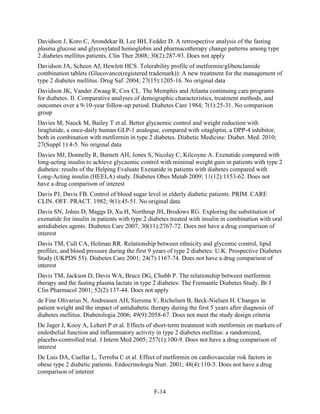 Davidson J, Koro C, Arondekar B, Lee BH, Fedder D. A retrospective analysis of the fasting
plasma glucose and glycosylated hemoglobin and pharmacotherapy change patterns among type
2 diabetes mellitus patients. Clin Ther 2008; 30(2):287-93. Does not apply
Davidson JA, Scheen AJ, Hewlett HCS. Tolerability profile of metformin/glibenclamide
combination tablets (Glucovance(registered trademark)): A new treatment for the management of
type 2 diabetes mellitus. Drug Saf. 2004; 27(15):1205-16. No original data
Davidson JK, Vander Zwaag R, Cox CL. The Memphis and Atlanta continuing care programs
for diabetes. II. Comparative analyses of demographic characteristics, treatment methods, and
outcomes over a 9-10-year follow-up period. Diabetes Care 1984; 7(1):25-31. No comparison
group
Davies M, Nauck M, Bailey T et al. Better glycaemic control and weight reduction with
liraglutide, a once-daily human GLP-1 analogue, compared with sitagliptin, a DPP-4 inhibitor,
both in combination with metformin in type 2 diabetes. Diabetic Medicine: Diabet. Med. 2010;
27(Suppl 1):4-5. No original data
Davies MJ, Donnelly R, Barnett AH, Jones S, Nicolay C, Kilcoyne A. Exenatide compared with
long-acting insulin to achieve glycaemic control with minimal weight gain in patients with type 2
diabetes: results of the Helping Evaluate Exenatide in patients with diabetes compared with
Long-Acting insulin (HEELA) study. Diabetes Obes Metab 2009; 11(12):1153-62. Does not
have a drug comparison of interest
Davis PJ, Davis FB. Control of blood sugar level in elderly diabetic patients. PRIM. CARE
CLIN. OFF. PRACT. 1982; 9(1):45-51. No original data
Davis SN, Johns D, Maggs D, Xu H, Northrup JH, Brodows RG. Exploring the substitution of
exenatide for insulin in patients with type 2 diabetes treated with insulin in combination with oral
antidiabetes agents. Diabetes Care 2007; 30(11):2767-72. Does not have a drug comparison of
interest
Davis TM, Cull CA, Holman RR. Relationship between ethnicity and glycemic control, lipid
profiles, and blood pressure during the first 9 years of type 2 diabetes: U.K. Prospective Diabetes
Study (UKPDS 55). Diabetes Care 2001; 24(7):1167-74. Does not have a drug comparison of
interest
Davis TM, Jackson D, Davis WA, Bruce DG, Chubb P. The relationship between metformin
therapy and the fasting plasma lactate in type 2 diabetes: The Fremantle Diabetes Study. Br J
Clin Pharmacol 2001; 52(2):137-44. Does not apply
de Fine Olivarius N, Andreasen AH, Siersma V, Richelsen B, Beck-Nielsen H. Changes in
patient weight and the impact of antidiabetic therapy during the first 5 years after diagnosis of
diabetes mellitus. Diabetologia 2006; 49(9):2058-67. Does not meet the study design criteria
De Jager J, Kooy A, Lehert P et al. Effects of short-term treatment with metformin on markers of
endothelial function and inflammatory activity in type 2 diabetes mellitus: a randomized,
placebo-controlled trial. J Intern Med 2005; 257(1):100-9. Does not have a drug comparison of
interest
De Luis DA, Cuellar L, Terroba C et al. Effect of metformin on cardiovascular risk factors in
obese type 2 diabetic patients. Endocrinologia Nutr. 2001; 48(4):110-3. Does not have a drug
comparison of interest
F-14
 