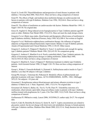 Goyal A, Crook ED. Thiazolidinediones and progression of renal disease in patients with
diabetes. J Investig Med 2006; 54(2):56-61. Does not have a drug comparison of interest
Grant PJ. The effects of high- and medium-dose metformin therapy on cardiovascular risk
factors in patients with type II diabetes. Diabetes Care 1996; 19(1):64-6. Does not have a drug
comparison of interest
Grant PJ. The effects of metformin on cardiovascular risk factors. Diabetes Metab Rev 1995; 11
Suppl 1:S43-50. No original data
Greco D, Angileri G. Drug-induced severe hypoglycaemia in Type 2 diabetic patients aged 80
years or older. Diabetes Nutr Metab 2004; 17(1):23-6. Does not meet the study design criteria
Gregorio F et al. [Body mass index, blood lactate and therapeutic effectiveness of metformin in
type II diabetes mellitus]. Medicina (Florence, Italy) 1989; 9(2):200-4. Not written in English
Gregorio F et al. Metformin-sulphonylurea combination therapy: the influence of regional
adiposity on biguanide-induced haemostatic improvement. Balance in type II diabetic patients.
Annals of Experimental and Clinical Medicine 1994; 2:136-45. Other reason
Gregorio F, Ambrosi F, Filipponi P, Manfrini S, Testa I. Is metformin safe enough for ageing
type 2 diabetic patients? Diabetes Metab 1996; 22(1):43-50. No comparison group
Gregorio F, Ambrosi F, Manfrini S et al. Poorly controlled elderly Type 2 diabetic patients: the
effects of increasing sulphonylurea dosages or adding metformin. Diabet Med 1999;
16(12):1016-24. Does not have a drug comparison of interest
Gregorio F, Manfrini S, Testa I, Filipponi P. Metformin treatment in elderly type II diabetic
patients. Arch Gerontol Geriatr 1996; 22 Suppl 1:261-70. Does not have a drug comparison of
interest
Groop L, Widen E, Franssila-Kallunki A, Ekstrand A. Sulfonylureas and/or insulin in Type 2
diabetes. Less than 40 subjects with type 2 diabetes
Groop PH, Groop L, Totterman KJ, Pelkonen R. Metabolic effects of glibenclamide and
glipizide in patients with type 2 diabetes. ACTA ENDOCRINOL. SUPPL. 1982; 100(Suppl.
247):25. No subjects >18 years old
Grossman E. Rosiglitazone reduces blood pressure and urinary albumin excretion in type 2
diabetes: G Bakris et al. J. Hum. Hypertens. 2003; 17(1):5-6. No original data
Grossman LD, Parlan G, Bailey AL, Yee G, Yu M, Chan JY. Tolerability outcomes of a
multicenter, observational, open-label, drug-surveillance study in patients with type 2 diabetes
mellitus treated with pioglitazone for 2 years. Clin Ther 2009; 31(1):74-88. Does not have a drug
comparison of interest
Guillausseau PJ. PROactive study. Lancet 2006; 367(9504):23; author reply 26-27. No original
data
Guler S, Cakir B, Demirbas B, Gursoy G, Serter R, Aral Y. Leptin concentrations are related to
glycaemic control, but do not change with short-term oral antidiabetic therapy in female patients
with type 2 diabetes mellitus. Diabetes Obes Metab 2000; 2(5):313-6. Study duration less than 3
months
F-23
 