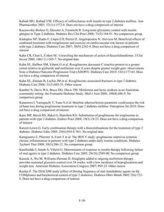Kabadi MU, Kabadi UM. Efficacy of sulfonylureas with insulin in type 2 diabetes mellitus. Ann
Pharmacother 2003; 37(11):1572-6. Does not have a drug comparison of interest
Kacerovsky-Bielesz G, Dressler A, Freunscht R. Long-term glycaemic control with insulin
glargine in Type 2 diabetes. Diabetes Res Clin Pract 2006; 71(2):184-91. No comparison group
Kadoglou NP, Iliadis F, Liapis CD, Perrea D, Angelopoulou N, Alevizos M. Beneficial effects of
combined treatment with rosiglitazone and exercise on cardiovascular risk factors in patients
with type 2 diabetes. Diabetes Care 2007; 30(9):2242-4. Does not have a drug comparison of
interest
Kahn CR, Chen L, Cohen SE. Unraveling the mechanism of action of thiazolidinediones. J Clin
Invest 2000; 106(11):1305-7. No original data
Kahn SE, Haffner SM, Viberti G et al. Rosiglitazone decreases C-reactive protein to a greater
extent relative to glyburide and metformin over 4 years despite greater weight gain: observations
from a Diabetes Outcome Progression Trial (ADOPT). Diabetes Care 2010; 33(1):177-83. Does
not have a drug comparison of interest
Kahn SE, Zinman B, Lachin JM et al. Rosiglitazone-associated fractures in type 2 diabetes.
Diabetes Care 2008; 31(5):845-51. Other reason
Kamber N, Davis WA, Bruce DG, Davis TM. Metformin and lactic acidosis in an Australian
community setting: the Fremantle Diabetes Study. Med J Aust 2008; 188(8):446-9. No
comparison group
Kanazawa I, Yamaguchi T, Yano S et al. Baseline atherosclerosis parameter could assess the risk
of bone loss during pioglitazone treatment in type 2 diabetes mellitus. Osteoporos Int 2010. Does
not have a drug comparison of interest
Kane MP, Busch RS, Bakst G, Hamilton RA. Substitution of pioglitazone for troglitazone in
patients with type 2 diabetes. Endocr Pract 2004; 10(1):18-23. Does not have a drug comparison
of interest
Kanzer-Lewis G. Early combination therapy with a thiazolidinedione for the treatment of type 2
diabetes. Diabetes Educ 2003; 29(6):954-8, 961. No original data
Karagiannis E, Pfutzner A, Forst T et al. The IRIS V study: pioglitazone improves systemic
chronic inflammation in patients with type 2 diabetes under daily routine conditions. Diabetes
Technol Ther 2008; 10(3):206-12. No comparison group
Karalliedde J, Smith A, Viberti G. Determinants of response to insulin therapy following failure
of oral agents in type 2 diabetes. Diabetes Care 2005; 28(10):2589-90. No comparison group
Karasik A, Wu M, Williams-Herman D. Sitagliptin added to ongoing metformin therapy
provides sustained glycemic control over 54 weeks, with a low incidence of hypoglycaemia and
weight loss. American Diabetes Association Congress 2007; P05:23. Other reason
Kardas P. The DIACOM study (effect of DosIng frequency of oral Antidiabetic agents on the
COMpliance and biochemical control of type 2 diabetes). Diabetes Obes Metab 2005; 7(6):722-
8. Does not have a drug comparison of interest
F-30
 