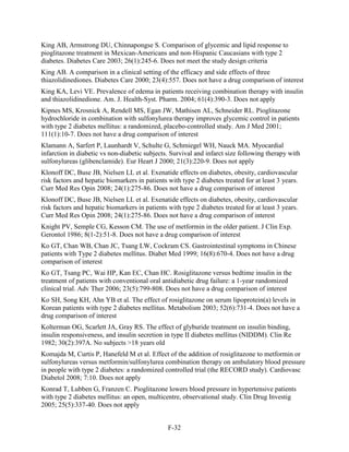 King AB, Armstrong DU, Chinnapongse S. Comparison of glycemic and lipid response to
pioglitazone treatment in Mexican-Americans and non-Hispanic Caucasians with type 2
diabetes. Diabetes Care 2003; 26(1):245-6. Does not meet the study design criteria
King AB. A comparison in a clinical setting of the efficacy and side effects of three
thiazolidinediones. Diabetes Care 2000; 23(4):557. Does not have a drug comparison of interest
King KA, Levi VE. Prevalence of edema in patients receiving combination therapy with insulin
and thiazolidinedione. Am. J. Health-Syst. Pharm. 2004; 61(4):390-3. Does not apply
Kipnes MS, Krosnick A, Rendell MS, Egan JW, Mathisen AL, Schneider RL. Pioglitazone
hydrochloride in combination with sulfonylurea therapy improves glycemic control in patients
with type 2 diabetes mellitus: a randomized, placebo-controlled study. Am J Med 2001;
111(1):10-7. Does not have a drug comparison of interest
Klamann A, Sarfert P, Launhardt V, Schulte G, Schmiegel WH, Nauck MA. Myocardial
infarction in diabetic vs non-diabetic subjects. Survival and infarct size following therapy with
sulfonylureas (glibenclamide). Eur Heart J 2000; 21(3):220-9. Does not apply
Klonoff DC, Buse JB, Nielsen LL et al. Exenatide effects on diabetes, obesity, cardiovascular
risk factors and hepatic biomarkers in patients with type 2 diabetes treated for at least 3 years.
Curr Med Res Opin 2008; 24(1):275-86. Does not have a drug comparison of interest
Klonoff DC, Buse JB, Nielsen LL et al. Exenatide effects on diabetes, obesity, cardiovascular
risk factors and hepatic biomarkers in patients with type 2 diabetes treated for at least 3 years.
Curr Med Res Opin 2008; 24(1):275-86. Does not have a drug comparison of interest
Knight PV, Semple CG, Kesson CM. The use of metformin in the older patient. J Clin Exp.
Gerontol 1986; 8(1-2):51-8. Does not have a drug comparison of interest
Ko GT, Chan WB, Chan JC, Tsang LW, Cockram CS. Gastrointestinal symptoms in Chinese
patients with Type 2 diabetes mellitus. Diabet Med 1999; 16(8):670-4. Does not have a drug
comparison of interest
Ko GT, Tsang PC, Wai HP, Kan EC, Chan HC. Rosiglitazone versus bedtime insulin in the
treatment of patients with conventional oral antidiabetic drug failure: a 1-year randomized
clinical trial. Adv Ther 2006; 23(5):799-808. Does not have a drug comparison of interest
Ko SH, Song KH, Ahn YB et al. The effect of rosiglitazone on serum lipoprotein(a) levels in
Korean patients with type 2 diabetes mellitus. Metabolism 2003; 52(6):731-4. Does not have a
drug comparison of interest
Kolterman OG, Scarlett JA, Gray RS. The effect of glyburide treatment on insulin binding,
insulin responsiveness, and insulin secretion in type II diabetes mellitus (NIDDM). Clin Re
1982; 30(2):397A. No subjects >18 years old
Komajda M, Curtis P, Hanefeld M et al. Effect of the addition of rosiglitazone to metformin or
sulfonylureas versus metformin/sulfonylurea combination therapy on ambulatory blood pressure
in people with type 2 diabetes: a randomized controlled trial (the RECORD study). Cardiovasc
Diabetol 2008; 7:10. Does not apply
Konrad T, Lubben G, Franzen C. Pioglitazone lowers blood pressure in hypertensive patients
with type 2 diabetes mellitus: an open, multicentre, observational study. Clin Drug Investig
2005; 25(5):337-40. Does not apply
F-32
 