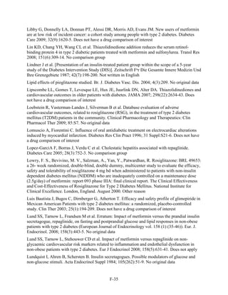 Libby G, Donnelly LA, Donnan PT, Alessi DR, Morris AD, Evans JM. New users of metformin
are at low risk of incident cancer: a cohort study among people with type 2 diabetes. Diabetes
Care 2009; 32(9):1620-5. Does not have a drug comparison of interest
Lin KD, Chang YH, Wang CL et al. Thiazolidinedione addition reduces the serum retinol-
binding protein 4 in type 2 diabetic patients treated with metformin and sulfonylurea. Transl Res
2008; 151(6):309-14. No comparison group
Lindner J et al. [Presentation of an insulin-treated patient group within the scope of a 5-year
study of the Diabetes Intervention Study (DIS)]. Zeitschrift Fⁿr Die Gesamte Innere Medizin Und
Ihre Grenzgebiete 1987; 42(7):198-200. Not written in English
Lipid effects of pioglitazone studied. Br. J. Diabetes Vasc. Dis. 2004; 4(3):209. No original data
Lipscombe LL, Gomes T, Levesque LE, Hux JE, Juurlink DN, Alter DA. Thiazolidinediones and
cardiovascular outcomes in older patients with diabetes. JAMA 2007; 298(22):2634-43. Does
not have a drug comparison of interest
Loebstein R, Vasterman-Landes J, Silverman B et al. Database evaluation of adverse
cardiovascular outcomes, related to rosiglitazone (RSG), in the treatment of type 2 diabetes
mellitus (T2DM) patients in the community. Clinical Pharmacology and Therapeutics: Clin
Pharmacol Ther 2009; 85:S7. No original data
Lomuscio A, Fiorentini C. Influence of oral antidiabetic treatment on electrocardiac alterations
induced by myocardial infarction. Diabetes Res Clin Pract 1996; 31 Suppl:S21-6. Does not have
a drug comparison of interest
Lopez-GarciA F, Borras J, Verdu C et al. Cholestatic hepatitis associated with repaglinide.
Diabetes Care 2005; 28(3):752-3. No comparison group
Lowry, F. S., Bevivino, M. V., Salzman, A., Yan, Y., Patwardhan, R. Rosiglitazone: BRL 49653:
a 26- week randomized, double-blind, double dummy, multicenter study to evaluate the efficacy,
safety and tolerability of rosiglitazone 4 mg bd when administered to patients with non-insulin
dependent diabetes mellitus (NIDDM) who are inadequately controlled on a maintenance dose
(2.5g/day) of metformin: report 093 phase IIIA: final clinical report. The Clinical Effectiveness
and Cost-Effectiveness of Rosiglitazone for Type 2 Diabetes Mellitus. National Institute for
Clinical Excellence. London, England. August 2000. Other reason
Luis Bautista J, Bugos C, Dirnberger G, Atherton T. Efficacy and safety profile of glimepiride in
Mexican American Patients with type 2 diabetes mellitus: a randomized, placebo-controlled
study. Clin Ther 2003; 25(1):194-209. Does not have a drug comparison of interest
Lund SS, Tarnow L, Frandsen M et al. Erratum: Impact of metformin versus the prandial insulin
secretagogue, repaglinide, on fasting and postprandial glucose and lipid responses in non-obese
patients with type 2 diabetes (European Journal of Endocrinology vol. 158 (1) (35-46)). Eur. J.
Endocrinol. 2008; 158(3):443-5. No original data
Lund SS, Tarnow L, Stehouwer CD et al. Impact of metformin versus repaglinide on non-
glycaemic cardiovascular risk markers related to inflammation and endothelial dysfunction in
non-obese patients with type 2 diabetes. Eur J Endocrinol 2008; 158(5):631-41. Does not apply
Lundquist I, Ahren B, Schersten B. Insulin secretagogues. Possible modulators of glucose and
non-glucose stimuli. Acta Endocrinol Suppl 1984; 105(262):51-9. No original data
F-35
 