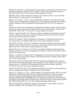 Migdalis IN, Iliopoulou V, Kalogeropoulou K, Koutoulidis K, Samartzis M. Correlation between
high density lipoprotein cholesterol and C-peptide in sulfonylurea-treated diabetic patients. J
Med 1989; 20(5-6):349-55. Does not have a drug comparison of interest
Mikhail N, Wali S. Insulin combination therapy in type 2 diabetes mellitus. Ann Intern Med
2004; 140(8):666-7; author reply 667. No original data
Milenkovic T, Percan V, Vesov G. 20-week multicentre, prospective, open-label study of the
efficacy, safety and applicability of repaglinide as a first line therapy in treating type 2 diabetes
patients in Diabetes Centres in Macedonia. Endocrinologia 2005; 10:28-34. No comparison
group
Miyazaki Y, DeFronzo RA. Rosiglitazone and pioglitazone similarly improve insulin sensitivity
and secretion, glucose tolerance and adipocytokines in type 2 diabetic patients. Diabetes Obes
Metab 2008; 10(12):1204-11. Does not have a drug comparison of interest
Mohan V, Yang W, Son HY et al. Efficacy and safety of sitagliptin in the treatment of patients
with type 2 diabetes in China, India, and Korea. Diabetes Res Clin Pract 2009; 83(1):106-16.
Does not have a drug comparison of interest
Monami M, Lamanna C, Balzi D, Marchionni N, Mannucci E. Sulphonylureas and cancer: a
case-control study. Acta Diabetol 2008. Does not have a drug comparison of interest
Monami M, Lamanna C, Pala L et al. Treatment with insulin secretagogues and cancer-related
mortality in type 2 diabetic patients a retrospective cohort study. Exp Clin Endocrinol Diabetes
2008; 116(3):184-9. Does not have a drug comparison of interest
Monami M, Luzzi C, Lamanna C et al. Three-year mortality in diabetic patients treated with
different combinations of insulin secretagogues and metformin. Diabetes Metab Res Rev 2006;
22(6):477-82. Other reason
Monnier L, Grimaldi A, Charbonnel B et al. Management of French patients with type 2 diabetes
mellitus in medical general practice: Report of the Mediab observatory. Diabetes Metab. 2004;
30(1):35-42. Does not apply
Montanana CF, Herrero CH, Fernandez MR. Less weight gain and hypoglycaemia with once-
daily insulin detemir than NPH insulin in intensification of insulin therapy in overweight Type 2
diabetes patients - The PREDICTIVE(trademark) BMI clinical trial. Diabetic Med 2008;
25(8):916-23. Does not have a drug comparison of interest
Moon JH, Kim HJ, Kim SK et al. Fat redistribution preferentially reflects the anti-inflammatory
benefits of pioglitazone treatment. Metabolism 2010. Does not apply
Moran, E. G., Salzman, A., Yan, Y., and Patwardhan, R. Rosiglitazone. BRL 49653. A 26-week
Randomized, Double-blind, Double-Dummy, Multicentered Study toEvaluate the Efficacy,
Safety and Tolerability of Rosiglitazone WhenAdministered to Patients with Non-Insulin
Dependent Diabetes Mellitus (NIDDM) Who Are Inadequately Controlled on a Maximal Dose
(20-mg/day) of Glyburide. Report 079 Phase IIIA. Final Clinical Report. SB Document Number:
BRL-049653/RSD-100SLN/2. 23-9-1998. SmithKline Beecham. Other reason
Moses R. Repaglinide in combination therapy with metformin in Type 2 diabetes. Exp Clin
Endocrinol Diabetes 1999; 107 Suppl 4:S136-9. Other reason
F-39
 