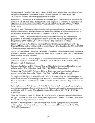 Schernthaner G, Grimaldi A, Di Mario U et al. GUIDE study: double-blind comparison of once-
daily gliclazide MR and glimepiride in type 2 diabetic patients. Eur J Clin Invest 2004;
34(8):535-42. Does not have a drug comparison of interest
Schmidt WE, Christiansen JS, Hammer M, Zychma MJ, Buse J. Patient reported outcomes are
superior in patients with type 2 diabetes treated with liraglutide as compared to exenatide,when
added to metformin,sulfonylurea or both. Value in Health: Value Health 2009; 12(3):A105.
Other reason
Schmitz O et al. Pioglitazone reduces insulin requirements and improves glycaemic control in
insulin-treated patients with type 2 diabetes: results from PROactive. 42nd Annual Meeting of
the European Association for the Study of Diabetes 2006 2006. Other reason
Schofl C, Lubben G. Postmarketing surveillance study of the efficacy and tolerability of
pioglitazone in insulin-resistant patients with type 2 diabetes mellitus in general practice. Clin
Drug Investig 2003; 23(11):725-34. Does not have a drug comparison of interest
Schofl C, Luebben G. Pioglitazone Improves Diabetic Dyslipidaemia in Patients with Type 2
Diabetes Mellitus with or without Lipid-Lowering Therapy. Clin Drug Investig 2005; 25(5):341-
5. Does not meet the study design criteria
Scholz GH, Schneider K, Knirsch W, Becker G. Efficacy and tolerability of glimepiride in daily
practice: A non-interventional observational cohort study. Clin Drug Invest 2001; 21(9):597-604.
Study duration less than 3 months
Schondorf T, Forst T, Seidel D. Impact of rosiglitazone on metabolic control of B-cell function
and insulin resistance-results from a double-blind oral combination study. Diabetes 2005;
54(Suppl 1):A150. Other reason
Schwartz AV, Sellmeyer DE, Vittinghoff E et al. Thiazolidinedione use and bone loss in older
diabetic adults. J Clin Endocrinol Metab 2006; 91(9):3349-54. Does not apply
Schwartz AV, Vittinghoff E, Sellmeyer DE et al. Diabetes-related complications, glycemic
control, and falls in older adults. Diabetes Care 2008; 31(3):391-6. Does not apply
Scorpiglione N, Belfiglio M, Carinci F et al. The effectiveness, safety and epidemiology of the
use of acarbose in the treatment of patients with type II diabetes mellitus. A model of medicine-
based evidence. Eur J Clin Pharmacol 1999; 55(4):239-49. Does not have a drug comparison of
interest
Seino Y, Rasmussen MF, Katayama Y, Kaku K. The human GLP-1 analogue liraglutide given
once daily provides excellent metabolic control in Japanese patients either as monotherapy or in
combination with SU during 52 weeks of treatment. Diabetologia 2009; 52(S1):S292. No
original data
Selby JV, Ettinger B, Swain BE, Brown JB. First 20 months' experience with use of metformin
for type 2 diabetes in a large health maintenance organization. Diabetes Care 1999; 22(1):38-44.
Does not have a drug comparison of interest
Seshiah V, Harinarayana CV, Venkataraman S et al. Platelet aggregation study in diabetes
mellitus; effect of antidiabetic therapy - A preliminary study. J Diabetic Assoc India 1990;
30(3):62-5. Does not apply
F-50
 
