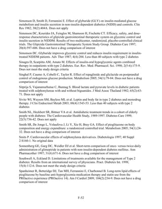 Simonson D, Smith D, Ferrannini E. Effect of glyburide (GLY) on insulin-mediated glucose
metabolism and insulin secretion in non-insulin dependent diabetics (NIDD) and controls. Clin
Res 1982; 30(2):404A. Does not apply
Simonson DC, Kourides IA, Feinglos M, Shamoon H, Fischette CT. Efficacy, safety, and dose-
response characteristics of glipizide gastrointestinal therapeutic system on glycemic control and
insulin secretion in NIDDM. Results of two multicenter, randomized, placebo-controlled clinical
trials. The Glipizide Gastrointestinal Therapeutic System Study Group. Diabetes Care 1997;
20(4):597-606. Does not have a drug comparison of interest
Simonson DC. Glyburide improves glycemic control and reduces insulin requirement in insulin-
treated NIDDM patients. Adv Ther 1987; 4(4):204. Less than 40 subjects with type 2 diabetes
Sinagra D, Scarpitta AM, Amato M. Effects of insulin-oral hypoglycemic agents combined
therapy in outpatients with type 2 diabetes. Eur. Rev. Med. Pharmacol. Sci. 1998; 2(5-6):175-9.
Does not meet the study design criteria
Singhal P, Caumo A, Cobelli C, Taylor R. Effect of repaglinide and gliclazide on postprandial
control of endogenous glucose production. Metabolism 2005; 54(1):79-84. Does not have a drug
comparison of interest
Sitprija S, Vajanamurhutue C, Bunnag S. Blood lactate and pyruvate levels in diabetic patients
treated with sulphonylureas with and without biguanides. J Med Assoc Thailand 1982; 65(2):63-
71. Does not apply
Sivitz WI, Wayson SM, Bayless ML et al. Leptin and body fat in type 2 diabetes and monodrug
therapy. J Clin Endocrinol Metab 2003; 88(4):1543-53. Less than 40 subjects with type 2
diabetes
Smith NL, Heckbert SR, Bittner VA et al. Antidiabetic treatment trends in a cohort of elderly
people with diabetes: The Cardiovascular Health Study, 1989-1997. Diabetes Care 1999;
22(5):736-42. Does not apply
Smith SR, De Jonge L, Volaufova J, Li Y, Xie H, Bray GA. Effect of pioglitazone on body
composition and energy expenditure: a randomized controlled trial. Metabolism 2005; 54(1):24-
32. Does not have a drug comparison of interest
Smits P. Cardiovascular effects of sulphonylurea derivatives. Diabetologia 1997; 40 Suppl
2:S160-1. No original data
Sonnenberg GE, Garg DC, Weidler DJ et al. Short-term comparison of once- versus twice-daily
administration of glimepiride in patients with non-insulin-dependent diabetes mellitus. Ann
Pharmacother 1997; 31(6):671-6. Does not have a drug comparison of interest
Southwell A, Eckland D. Limitations of treatments available for the management of Type 2
diabetes: Results from an international survey of physicians. Pract. Diabetes Int. 1998;
15(4):112-6. Does not meet the study design criteria
Spanheimer R, Betteridge DJ, Tan MH, Ferrannini E, Charbonnel B. Long-term lipid effects of
pioglitazone by baseline anti-hyperglycemia medication therapy and statin use from the
PROactive experience (PROactive 14). Am J Cardiol 2009; 104(2):234-9. Does not have a drug
comparison of interest
F-52
 