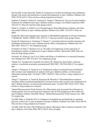 Strowig SM, Aviles-Santa ML, Raskin P. Comparison of insulin monotherapy and combination
therapy with insulin and metformin or insulin and troglitazone in type 2 diabetes. Diabetes Care
2002; 25(10):1691-8. Does not have a drug comparison of interest
Sugihara S, Sasaki N, Kohno H, Amemiya S, Tanaka T, Matsuura N. Survey of current medical
treatments for childhood-onset type 2 diabetes mellitus in Japan. Clin Pediatr Endocrinol 2005;
14(2):65-75. Does not meet the study design criteria
Sultan A, Avignon A, Galtier F et al. Osteoprotegerin, thiazolidinediones treatment, and silent
myocardial ischemia in type 2 diabetic patients. Diabetes Care 2008; 31(3):593-5. Does not
apply
Sundar PS. Short term hypoglycemic response of 'Minidiab'(R) (glipizide) in 40 type II diabetics.
J. DIABETIC ASSOC. INDIA 1982; 22(3):73-7. Does not meet the study design criteria
Suzuki M, Takamisawa I, Yoshimasa Y, Harano Y. Association between insulin resistance and
endothelial dysfunction in type 2 diabetes and the effects of pioglitazone. Diabetes Res Clin
Pract 2007; 76(1):12-7. No comparison group
Svobodova H, Stulc T, Kasalova Z et al. The effect of rosiglitazone on the expression of
thrombogenic markers on leukocytes in type 2 diabetes mellitus. Physiol Res 2008. Does not
meet the study design criteria
Swislocki AL, Khuu Q, Liao E et al. Safety and efficacy of metformin in a restricted formulary.
Am J Manag Care 1999; 5(1):62-8. No comparison group
Tahrani AA, Varughese GI, Scarpello JH, Hanna FW. Metformin, heart failure, and lactic
acidosis: is metformin absolutely contraindicated? BMJ 2007; 335(7618):508-12. No original
data
Takagi T, Yamamuro A, Tamita K et al. Pioglitazone reduces neointimal tissue proliferation
after coronary stent implantation in patients with type 2 diabetes mellitus: an intravascular
ultrasound scanning study. Am Heart J 2003; 146(2):E5. Does not have a drug comparison of
interest
Takagi T, Yamamuro A, Tamita K, Katayama M, Morioka S. Thiazolidinedione treatment
attenuates diffuse neointimal hyperplasia in restenotic lesions after coronary stent implantation in
type 2 diabetic patients: an intravascular ultrasound study. J Cardiol 2005; 45(4):139-47. Does
not have a drug comparison of interest
Takeda Pharmaceuticals North America, Inc. Observation of an increased risk of fractures in
female patients who received long-term treatment with ACTOS (pioglitazone HCl) tablets for
type II diabetes mellitus. Deerfield, Illinois: Takeda Pharmaceuticals North America, Inc. 2007.
No original data
Tan MH, Baksi A, Krahulec B et al. Comparison of pioglitazone and gliclazide in sustaining
glycemic control over 2 years in patients with type 2 diabetes. Diabetes Care 2005; 28(3):544-50.
Does not have a drug comparison of interest
Tan MH, Johns D, Glazer NB. Pioglitazone reduces atherogenic index of plasma in patients with
type 2 diabetes. Clin Chem 2004; 50(7):1184-8. Does not apply
F-54
 
