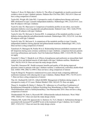 Tankova T, Koev D, Dakovska L, Kirilov G. The effect of repaglinide on insulin secretion and
oxidative stress in type 2 diabetic patients. Diabetes Res Clin Pract 2003; 59(1):43-9. Does not
have a drug comparison of interest
Taylor KG, Wright AD, John WG. A prospective study of sulphonylurea therapy and serum
HDL-cholesterol in type 2 (insulin independent) diabetics. Diabetologia 1981; 21(5):514-5. Less
than 40 subjects with type 2 diabetes
Taylor R, Isles TE, MacLaren S. Comparison of metabolic profiles in non obese, non insulin
dependent diabetics receiving glipizide and glibenclamide. Diabetol Croat. 1983; 12(4):279-92.
Less than 40 subjects with type 2 diabetes
Taylor R, Isles TE, McLaren S, Newton RW. A comparison of the metabolic profiles in type 2
diabetics during glipizide and glibenclamide treatment. Diabetologia 1981; 21(3):518. Less than
40 subjects with type 2 diabetes
Taylor R, Isles TE, McLaren S. A comparison of the metabolic profiles in type 2 (insulin
independent) diabetics during glipzide and glibenclamide treatment. Diabetologia 1981; 21(5).
Does not have a drug comparison of interest
Tentolouris N, Matsagura M, Psallas M et al. Relationship between antidiabetic treatment with
QT dispersion during acute coronary syndromes in type 2 diabetes: comparison between patients
receiving sulfonylureas and insulin. Exp Clin Endocrinol Diabetes 2005; 113(5):298-301. Does
not apply
Teranishi T, Ohara T, Maeda K et al. Effects of pioglitazone and metformin on intracellular lipid
content in liver and skeletal muscle of individuals with type 2 diabetes mellitus. Metabolism
2007; 56(10):1418-24. Does not meet the study design criteria
Testa MA, Simonson DC. Health economic benefits and quality of life during improved
glycemic control in patients with type 2 diabetes mellitus: a randomized, controlled, double-blind
trial. JAMA 1998; 280(17):1490-6. Does not have a drug comparison of interest
Teupe B, Bergis K. Prospective randomized two-years clinical study comparing additional
metformin treatment with reducing diet in type 2 diabetes. Diabete Metab 1991; 17(1 Pt 2):213-
7. Does not have a drug comparison of interest
Thai AC, Husband DJ, Gill GV, Alberti KGMM. Management of diabetes during surgery. A
retrospective study of 112 cases. Diabete Metabol 1984; 10(2):65-70. Does not apply
Thayer S, Arondekar B, Harley C, Darkow TE. Adherence to a Fixed-Dose Combination of
Rosiglitazone/Glimepiride in Subjects Switching from Monotherapy or Dual Therapy with a
Thiazolidinedione and/or a Sulfonylurea(May). Ann Pharmacother 2010. Does not have a drug
comparison of interest
Tholakanahalli VN, Potti A, Heyworth MF. Glibenclamide-induced cholestasis. West J Med
1998; 168(4):274-7. Does not meet the study design criteria
Tildesley HD, Aydin CM, Ignaszewski A, Strelzow JA, Yu E, Bondy G. Sulfonylurea therapy is
associated with increased NT-proBNP levels in the treatment of type 2 diabetes. Int J Cardiol
2007; 115(3):312-7. Does not meet the study design criteria
F-55
 