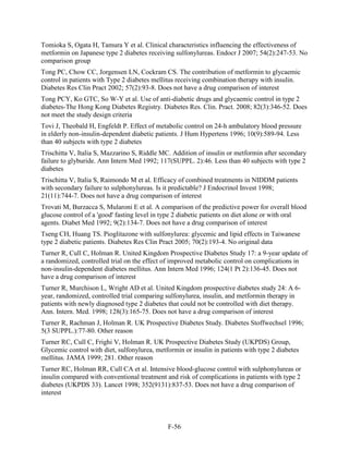 Tomioka S, Ogata H, Tamura Y et al. Clinical characteristics influencing the effectiveness of
metformin on Japanese type 2 diabetes receiving sulfonylureas. Endocr J 2007; 54(2):247-53. No
comparison group
Tong PC, Chow CC, Jorgensen LN, Cockram CS. The contribution of metformin to glycaemic
control in patients with Type 2 diabetes mellitus receiving combination therapy with insulin.
Diabetes Res Clin Pract 2002; 57(2):93-8. Does not have a drug comparison of interest
Tong PCY, Ko GTC, So W-Y et al. Use of anti-diabetic drugs and glycaemic control in type 2
diabetes-The Hong Kong Diabetes Registry. Diabetes Res. Clin. Pract. 2008; 82(3):346-52. Does
not meet the study design criteria
Tovi J, Theobald H, Engfeldt P. Effect of metabolic control on 24-h ambulatory blood pressure
in elderly non-insulin-dependent diabetic patients. J Hum Hypertens 1996; 10(9):589-94. Less
than 40 subjects with type 2 diabetes
Trischitta V, Italia S, Mazzarino S, Riddle MC. Addition of insulin or metformin after secondary
failure to glyburide. Ann Intern Med 1992; 117(SUPPL. 2):46. Less than 40 subjects with type 2
diabetes
Trischitta V, Italia S, Raimondo M et al. Efficacy of combined treatments in NIDDM patients
with secondary failure to sulphonylureas. Is it predictable? J Endocrinol Invest 1998;
21(11):744-7. Does not have a drug comparison of interest
Trovati M, Burzacca S, Mularoni E et al. A comparison of the predictive power for overall blood
glucose control of a 'good' fasting level in type 2 diabetic patients on diet alone or with oral
agents. Diabet Med 1992; 9(2):134-7. Does not have a drug comparison of interest
Tseng CH, Huang TS. Pioglitazone with sulfonylurea: glycemic and lipid effects in Taiwanese
type 2 diabetic patients. Diabetes Res Clin Pract 2005; 70(2):193-4. No original data
Turner R, Cull C, Holman R. United Kingdom Prospective Diabetes Study 17: a 9-year update of
a randomized, controlled trial on the effect of improved metabolic control on complications in
non-insulin-dependent diabetes mellitus. Ann Intern Med 1996; 124(1 Pt 2):136-45. Does not
have a drug comparison of interest
Turner R, Murchison L, Wright AD et al. United Kingdom prospective diabetes study 24: A 6-
year, randomized, controlled trial comparing sulfonylurea, insulin, and metformin therapy in
patients with newly diagnosed type 2 diabetes that could not be controlled with diet therapy.
Ann. Intern. Med. 1998; 128(3):165-75. Does not have a drug comparison of interest
Turner R, Rachman J, Holman R. UK Prospective Diabetes Study. Diabetes Stoffwechsel 1996;
5(3 SUPPL.):77-80. Other reason
Turner RC, Cull C, Frighi V, Holman R. UK Prospective Diabetes Study (UKPDS) Group,
Glycemic control with diet, sulfonylurea, metformin or insulin in patients with type 2 diabetes
mellitus. JAMA 1999; 281. Other reason
Turner RC, Holman RR, Cull CA et al. Intensive blood-glucose control with sulphonylureas or
insulin compared with conventional treatment and risk of complications in patients with type 2
diabetes (UKPDS 33). Lancet 1998; 352(9131):837-53. Does not have a drug comparison of
interest
F-56
 