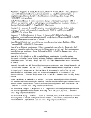 Wysham C, Bergenstal R, Yan P, MacConell L, Malloy J, Porter L. DURATION-2: Exenatide
once weekly demonstrated superior glycaemic control and weight reduction compared to
sitagliptin or pioglitazone after 26 weeks of treatment. Diabetologia: Diabetologia 2009;
52(S1):S290. No original data
Xu L, Williams-Herman D. Initial combination therapy with sitagliptin,a selective DPP-4
inhibitor, and metformin leads to marked improvement in cell function in patients with type 2
diabetes. Diabetologia 2007; 50 (Suppl 1):365. Other reason
Yamagishi S, Nakamura K, Inoue H. Acarbose is a promising therapeutic strategy for the
treatment of patients with nonalcoholic steatohepatitis (NASH). Med Hypotheses 2005;
65(2):377-9. No original data
Yanagawa T, Araki A, Sasamoto K, Shirabe S, Yamanouchi T. Effect of antidiabetic
medications on microalbuminuria in patients with type 2 diabetes. Metabolism 2004; 53(3):353-
7. Does not have a drug comparison of interest
Yang JK et al. Clinical study on rosiglitazone monotherapy of early type 2 diabetes. China
Pharmacy 2002; 13(10):608-10. Other reason
Yang W et al. Biphasic insulin aspart 30 three times daily is more effective than a twice-daily
regimen, without increasing hypoglycemia, in Chinese subjects with type 2 diabetes inadequately
controlled on oral antidiabetes drugs. Diabetes Care 2008; 31(5):852-6. Does not have a drug
comparison of interest
Yang WY, Ji QH, Zhu DL et al. Thrice-daily biphasic insulin aspart 30 may be another
therapeutic option for Chinese patients with type 2 diabetes inadequately controlled with oral
antidiabetic agents. Chin Med J (Engl) 2009; 122(14):1704-8. Does not have a drug comparison
of interest
Yaturu S, Bryant B, Jain SK. Thiazolidinedione treatment decreases bone mineral density in type
2 diabetic men. Diabetes Care 2007; 30(6):1574-6. Does not have a drug comparison of interest
Yegnanarayan R, Suryavanshi M, Singh M, Desai S. A comparative study of the glycemic
control of various antidiabetic agents and the role of homocysteine in the therapy of type 2
diabetes mellitus. J Diabetes Complications 2008; 22(2):104-11. Does not meet the study design
criteria
Yener S, Comlekci A, Akinci B et al. Soluble CD40 ligand, plasminogen activator inhibitor-1
and thrombin-activatable fibrinolysis inhibitor-1-antigen in normotensive type 2 diabetic subjects
without diabetic complications. Effects of metformin and rosiglitazone. Med Princ Pract 2009;
18(4):266-71. Does not have a drug comparison of interest
Yki-Jarvinen H, Kauppila M, Kujansuu E et al. Comparison of insulin regimens in patients with
non-insulin-dependent diabetes mellitus. New Engl J Med 1992; 327(20):1426-33. Does not
have a drug comparison of interest
Yki-Jarvinen H, Ryysy L, Nikkila K, Tulokas T, Vanamo R, Heikkila M. Comparison of bedtime
insulin regimens in patients with type 2 diabetes mellitus. A randomized, controlled trial. Ann
Intern Med 1999; 130(5):389-96. Does not have a drug comparison of interest
F-60
 