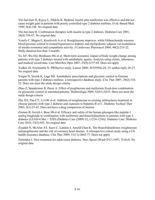 Yki-Jarvinen H, Ryysy L, Nikkila K. Bedtime insulin plus metformin was effective and did not
cause weight gain in patients with poorly controlled type 2 diabetes mellitus. Evid.-Based Med.
1999; 4(4):108. No original data
Yki-Jarvinen H. Combination therapies with insulin in type 2 diabetes. Diabetes Care 2001;
24(4):758-67. No original data
Yosefy C, Magen E, Kiselevich A et al. Rosiglitazone improves, while Glibenclamide worsens
blood pressure control in treated hypertensive diabetic and dyslipidemic subjects via modulation
of insulin resistance and sympathetic activity. J Cardiovasc Pharmacol 2004; 44(2):215-22.
Study duration less than 3 months
Yu AP, Wu EQ, Birnbaum HG et al. Short-term economic impact of body weight change among
patients with type 2 diabetes treated with antidiabetic agents: Analysis using claims, laboratory,
and medical record data. Curr Med Res Opin 2007; 23(9):2157-69. Does not apply
Yudkin JS, Freemantle N. PROactive study. Lancet 2006; 367(9504):24, 25; author reply 26-27.
No original data
Yurgin N, Secnik K, Lage MJ. Antidiabetic prescriptions and glycemic control in German
patients with type 2 diabetes mellitus: a retrospective database study. Clin Ther 2007; 29(2):316-
25. Does not meet the study design criteria
Zhao Z, Spanheimer R, Perez A. Effect of pioglitazone and metformin fixed-dose combination
on glycaemic control in untreated patients. Diabetologia 2009; 52(S1):S335. Does not meet the
study design criteria
Zhu XX, Pan CY, Li GW et al. Addition of rosiglitazone to existing sulfonylurea treatment in
chinese patients with type 2 diabetes and exposure to hepatitis B or C. Diabetes Technol Ther
2003; 5(1):33-42. Does not have a drug comparison of interest
Zinman B, Gerich J, Buse JB et al. Efficacy and safety of the human glucagon-like peptide-1
analog liraglutide in combination with metformin and thiazolidinedione in patients with type 2
diabetes (LEAD-4 Met + TZD) (Diabetes Care (2009) 32, (1224-1230)). Diabetes Care: Diabetes
Care 2010; 33(3):692. No original data
Ziyadeh N, McAfee AT, Koro C, Landon J, Arnold Chan K. The thiazolidinediones rosiglitazone
and pioglitazone and the risk of coronary heart disease: A retrospective cohort study using a US
health insurance database. Clin Ther 2009; 31(11):2665-77. Does not apply
Zurlinden J. New treatment for adult-onset diabetes. Nurs Spectr (Wash D C) 1997; 7(16):8. No
original data
F-61
 