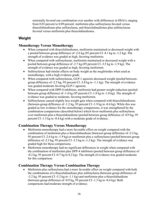minimally favored one combination over another with differences in HbA1c ranging
from 0.03 percent to 0.09 percent: metformin plus sulfonylurea favored versus
thiazolidinediones plus sulfonylurea, and thiazolidinediones plus sulfonylureas
favored versus metformin plus thiazolidinediones.
Weight
Monotherapy Versus Monotherapy
• When compared with thiazolidinediones, metformin maintained or decreased weight with
a pooled between-group difference of -2.6 kg (95 percent CI -4.1 kg to -1.2 kg). The
strength of evidence was graded as high, favoring metformin.
• When compared with sulfonylureas, metformin maintained or decreased weight with a
pooled between-group difference of -2.7 kg (95 percent CI -3.5 kg to -1.9 kg). The
strength of evidence was graded as high, favoring metformin.
• Sulfonylureas had similar effects on body weight as the meglitinides when used as
monotherapy, with a high evidence grade.
• When compared with sulfonylureas, GLP-1 agonists decreased weight (pooled between-
group difference of -2.5 kg, 95 percent CI -3.8 kg to -1.1 kg). The strength of evidence
was graded moderate favoring GLP-1 agonists.
• When compared with DPP-4 inhibitors, metformin had greater weight reduction (pooled
between-group difference of -1.4 kg (95 percent CI -1.8 kg to -1.0 kg). The strength of
evidence was graded as moderate, favoring metformin.
• Sulfonylureas caused slightly less weight gain when compared with thiazolidinediones
(between-group difference of -1.2 kg, 95 percent CI -1.9 kg to -0.6 kg). While this was
graded as low evidence for the monotherapy comparisons, it was strengthened by the
combination comparisons (described below) which favor metformin plus sulfonylurea
over metformin plus a thiazolidinedione (pooled between-group difference of -0.9 kg, 95
percent CI -1.3 kg to -0.4 kg) with a moderate grade of evidence.
Combination Therapy Versus Monotherapy
• Metformin monotherapy had a more favorable effect on weight compared with the
combination of metformin plus a thiazolidinedione (between-group difference of -2.2 kg,
95 percent CI -2.6 kg to -1.9 kg) or metformin plus a sulfonylurea (pooled between-group
difference of -2.3 kg, 95 percent CI -3.3 kg to -1.2 kg). The strength of evidence was
graded high for these comparisons.
• Metformin monotherapy had no significant differences in weight when compared with
the combination of metformin plus DPP-4 inhibitors (pooled between-group difference of
-0.2 kg, 95 percent CI -0.7 kg to 0.2 kg). The strength of evidence was graded moderate
for this comparison.
Combination Therapy Versus Combination Therapy
• Metformin plus sulfonylurea had a more favorable effect on weight compared with both
the combinations of a thiazolidinedione plus sulfonylurea (between-group difference of
-3.2 kg, 95 percent CI -5.2 kg to -1.1 kg) and metformin plus a thiazolidinedione
(between-group difference of -0.9 kg, 95 percent CI -1.3 kg to -0.4 kg). Both
comparisons had moderate strength of evidence.
18
 