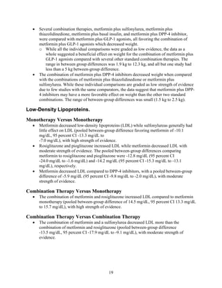 • Several combination therapies, metformin plus sulfonylurea, metformin plus
thiazolidinedione, metformin plus basal insulin, and metformin plus DPP-4 inhibitor,
were compared with metformin plus GLP-1 agonists, all favoring the combination of
metformin plus GLP-1 agonists which decreased weight.
o While all the individual comparisons were graded as low evidence, the data as a
whole suggested a beneficial effect on weight for the combination of metformin plus
GLP-1 agonists compared with several other standard combination therapies. The
range in between group differences was 1.9 kg to 12.3 kg, and all but one study had
less than a 5 kg between-group difference.
• The combination of metformin plus DPP-4 inhibitors decreased weight when compared
with the combinations of metformin plus thiazolidinedione or metformin plus
sulfonylurea. While these individual comparisons are graded as low strength of evidence
due to few studies with the same comparators, the data suggest that metformin plus DPP-
4 inhibitors may have a more favorable effect on weight than the other two standard
combinations. The range of between-group differences was small (1.5 kg to 2.5 kg).
Low-Density Lipoproteins.
Monotherapy Versus Monotherapy
• Metformin decreased low-density lipoproteins (LDL) while sulfonylureas generally had
little effect on LDL (pooled between-group difference favoring metformin of -10.1
mg/dL, 95 percent CI -13.3 mg/dL to
-7.0 mg/dL), with high strength of evidence.
• Rosiglitazone and pioglitazone increased LDL while metformin decreased LDL with
moderate strength of evidence. The pooled between-group differences comparing
metformin to rosiglitazone and pioglitazone were -12.8 mg/dL (95 percent CI
-24.0 mg/dL to -1.6 mg/dL) and -14.2 mg/dL (95 percent CI -15.3 mg/dL to -13.1
mg/dL), respectively.
• Metformin decreased LDL compared to DPP-4 inhibitors, with a pooled between-group
difference of -5.9 mg/dL (95 percent CI -9.8 mg/dL to -2.0 mg/dL), with moderate
strength of evidence.
Combination Therapy Versus Monotherapy
• The combination of metformin and rosiglitazone increased LDL compared to metformin
monotherapy (pooled between-group difference of 14.5 mg/dL, 95 percent CI 13.3 mg/dL
to 15.7 mg/dL), with high strength of evidence.
Combination Therapy Versus Combination Therapy
• The combination of metformin and a sulfonylurea decreased LDL more than the
combination of metformin and rosiglitazone (pooled between-group difference
-13.5 mg/dL, 95 percent CI -17.9 mg/dL to -9.1 mg/dL), with moderate strength of
evidence.
19
 