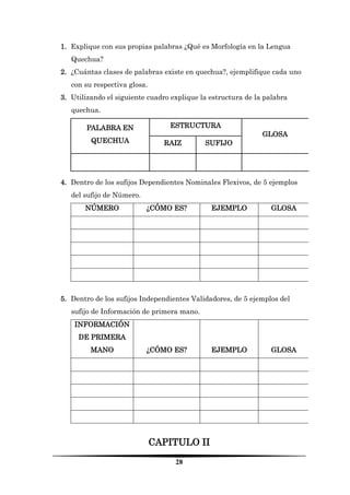 28 
1. Explique con sus propias palabras ¿Qué es Morfología en la Lengua Quechua? 
2. ¿Cuántas clases de palabras existe en quechua?, ejemplifique cada uno con su respectiva glosa. 
3. Utilizando el siguiente cuadro explique la estructura de la palabra quechua. 
PALABRA EN QUECHUA 
ESTRUCTURA 
GLOSA 
RAIZ 
SUFIJO 
4. Dentro de los sufijos Dependientes Nominales Flexivos, de 5 ejemplos del sufijo de Número. 
NÚMERO 
¿CÓMO ES? 
EJEMPLO 
GLOSA 
5. Dentro de los sufijos Independientes Validadores, de 5 ejemplos del sufijo de Información de primera mano. 
INFORMACIÓN DE PRIMERA MANO 
¿CÓMO ES? 
EJEMPLO 
GLOSA 
CAPITULO II  