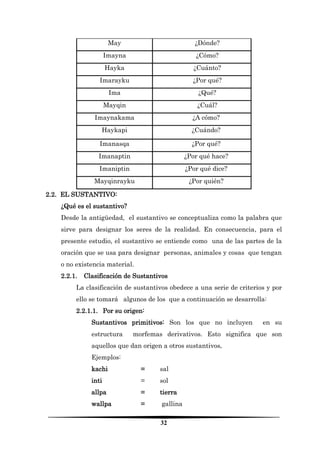 32 
May 
¿Dónde? 
Imayna 
¿Cómo? 
Hayka 
¿Cuánto? 
Imarayku 
¿Por qué? 
Ima 
¿Qué? 
Mayqin 
¿Cuál? 
Imaynakama 
¿A cómo? 
Haykapi 
¿Cuándo? 
Imanasqa 
¿Por qué? 
Imanaptin 
¿Por qué hace? 
Imaniptin 
¿Por qué dice? 
Mayqinrayku 
¿Por quién? 
2.2. EL SUSTANTIVO: 
¿Qué es el sustantivo? 
Desde la antigüedad, el sustantivo se conceptualiza como la palabra que sirve para designar los seres de la realidad. En consecuencia, para el presente estudio, el sustantivo se entiende como una de las partes de la oración que se usa para designar personas, animales y cosas que tengan o no existencia material. 
2.2.1. Clasificación de Sustantivos 
La clasificación de sustantivos obedece a una serie de criterios y por ello se tomará algunos de los que a continuación se desarrolla: 
2.2.1.1. Por su origen: 
Sustantivos primitivos: Son los que no incluyen en su estructura morfemas derivativos. Esto significa que son aquellos que dan origen a otros sustantivos. 
Ejemplos: 
kachi = sal 
inti = sol 
allpa = tierra 
wallpa = gallina  