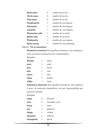34 
Kachi mayu = nombre de un río. 
Chuñu mayu = nombre de un río. 
Yana mayu = nombre de un río. 
Chuqlluqucha = nombre de una laguna. 
Pakuqucha = nombre de una laguna. 
Ayaqucha = nombre de una laguna. 
Wamanrasu urdu = nombre de un cerro. 
Qaqwa urdu = nombre de un cerro 
Waskaqucha = nombre de una laguna. 
Qucha wayqu = nombre de una quebrada. 
2.2.1.3. Por su naturaleza: 
Sustantivos concretos: Son aquellos sustantivos que nombran a seres que tienen existencia real e independiente. 
Ejemplos. 
Waraka = onda. 
puyu = nube 
para = lluvia 
sapi = raíz 
wayra = aire 
llaqta = pueblo 
willka = nieto 
Sustantivos abstractos: Son aquellos sustantivos que nombran a seres de existencia dependiente, no real, imperceptibles por nuestros sentidos. 
Ejemplos. 
supay = demonio 
yaya = sacerdote, cura 
kuyay = amor 
apu = poderoso 
chiqap = verdad 
ukupacha = infierno 
hanaqpacha = gloria  
