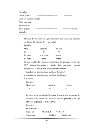 54 
Ejemplos: 
Hatún rumita ---------------------------------- -------------- apamuni punchawmanta 
Chay maqtata ---------------------------------- -------------- qayamurqani 
Tawa papata ----------------------------------- -------------- miskita mikunku 
El orden de los elementos que componen una oración en quechua es: Sujeto (S) –Objeto (O) – Verbo (V). 
Ejemplo: 
Atuq aychata mikun 
S O V 
‘El zorro a la carne come’ 
‘El zorro come carne’ 
En ese sentido, la estructura sintáctica del quechua es del tipo SOV (sujeto-objeto-verbo), donde las oraciones simples declarativas se configuran de la siguiente manera: 
 la palabra o frase nominal que hace de sujeto; 
 la palabra o frase nominal que hace de objeto; y 
 el verbo. 
Ejemplo: 
Mamaymi tantata mikun 
S O V 
Es importante marcar la diferencia de estructura sintactica del quechua y del castellano, mientras que en quechua es de tipo SOV, en castellano es de tipo SVO. 
Ejemplo: 
En quechua: 
Sujeto (S) Objeto (O) Verbo (V) 
Amawtam hayllita ñawinchan  