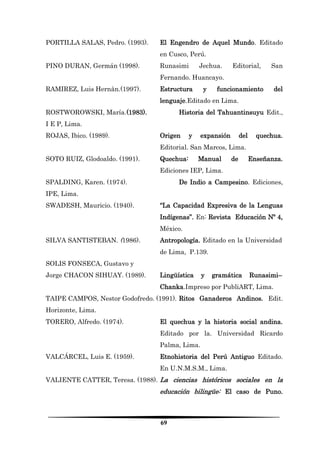 69 
PORTILLA SALAS, Pedro. (1993). El Engendro de Aquel Mundo. Editado en Cusco, Perú. 
PINO DURAN, Germán (1998). Runasimi Jechua. Editorial, San Fernando. Huancayo. 
RAMIREZ, Luis Hernàn.(1997). Estructura y funcionamiento del lenguaje.Editado en Lima. 
ROSTWOROWSKI, María.(1983). Historia del Tahuantinsuyu Edit., I E P, Lima. 
ROJAS, Ibico. (1989). Origen y expansión del quechua. Editorial. San Marcos, Lima. 
SOTO RUIZ, Glodoaldo. (1991). Quechua: Manual de Enseñanza. Ediciones IEP, Lima. 
SPALDING, Karen. (1974). De Indio a Campesino. Ediciones, IPE, Lima. 
SWADESH, Mauricio. (1940). “La Capacidad Expresiva de la Lenguas Indígenas”. En: Revista Educación Nº 4, México. 
SILVA SANTISTEBAN. (1986). Antropología. Editado en la Universidad de Lima, P.139. 
SOLIS FONSECA, Gustavo y 
Jorge CHACON SIHUAY. (1989). Lingüística y gramática Runasimi– Chanka.Impreso por PubliART, Lima. 
TAIPE CAMPOS, Nestor Godofredo. (1991). Ritos Ganaderos Andinos. Edit. Horizonte, Lima. 
TORERO, Alfredo. (1974). El quechua y la historia social andina. Editado por la. Universidad Ricardo Palma, Lima. 
VALCÁRCEL, Luis E. (1959). Etnohistoria del Perú Antiguo Editado. En U.N.M.S.M., Lima. 
VALIENTE CATTER, Teresa. (1988). La ciencias históricos sociales en la educación bilingüe: El caso de Puno.  