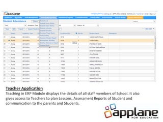 Teacher Application
Teaching in ERP Module displays the details of all staff members of School. It also
gives access to Teachers to plan Lessons, Assessment Reports of Student and
communication to the parents and Students.
 