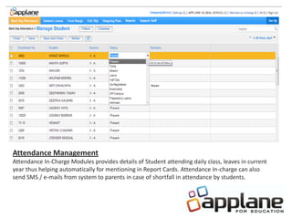 Attendance Management
Attendance In-Charge Modules provides details of Student attending daily class, leaves in current
year thus helping automatically for mentioning in Report Cards. Attendance In-charge can also
send SMS / e-mails from system to parents in case of shortfall in attendance by students.
 
