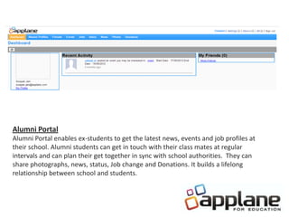 Alumni Portal
Alumni Portal enables ex-students to get the latest news, events and job profiles at
their school. Alumni students can get in touch with their class mates at regular
intervals and can plan their get together in sync with school authorities. They can
share photographs, news, status, Job change and Donations. It builds a lifelong
relationship between school and students.
 