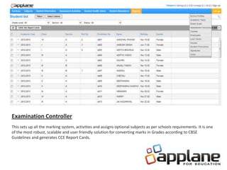 This sets up all the marking system, activities and assigns optional subjects as per schools requirements. It is one
of the most robust, scalable and user friendly solution for converting marks in Grades according to CBSE
Guidelines and generates CCE Report Cards.
Examination Controller
 