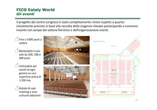 FICO Eataly WorldFICO Eataly World
Gli eventiGli eventi
Il progetto del centro congressi è stato completamente rivisto rispetto a quanto
inizialmente previsto in base alla raccolta delle esigenze rilevate partecipando a numerosi
incontri nel campo del settore fieristico e dell’organizzazione eventi.
FOYER
14_LOCALE TECNICO
13_CORRIDOIO
15_DEPOSITO SEDIE
BOSCO D'ACQUA
passerella u.s.
• Fino a 1000 posti a
sedere
• Modulabile in più
sale da 200, 200 e
13
3_RETROPALCO 4_RETROPALCO
6_CABINA
REGIA
8_CABINA
INTERPR.
7_CABINA
INTERPR.
9_DISIMPEGNO
11_WC
12_CORRIDOIO
1O_ANTI.
18
17
16_RELATORI
CONFERENZE
20
21
22
23
1_SALA
2_PALCO
844 SEDUTE
U.S.
U.S.U.S.
U.S.
U.S. U.S. U.S.
U.S.U.S.
U.S.
PARETE IMPACCHETTATA PARETE IMPACCHETTATA
5_RETROPALCO
NF-13
844 SEDUTE
CENTRO CONGRESSI
1.532 mq.
sale da 200, 200 e
400 posti
• Utilizzabile per
eventi di ogni
genere su una
superficie piana di
1.200 mq
• Dotato di sale
meeting e aree
culturali adiacenti
 