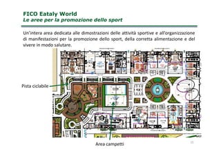 FICO Eataly WorldFICO Eataly World
Le aree per la promozione dello sportLe aree per la promozione dello sport
Un’intera area dedicata alle dimostrazioni delle attività sportive e all’organizzazione
di manifestazioni per la promozione dello sport, della corretta alimentazione e del
vivere in modo salutare.
15
Pista ciclabile
Area campetti
 